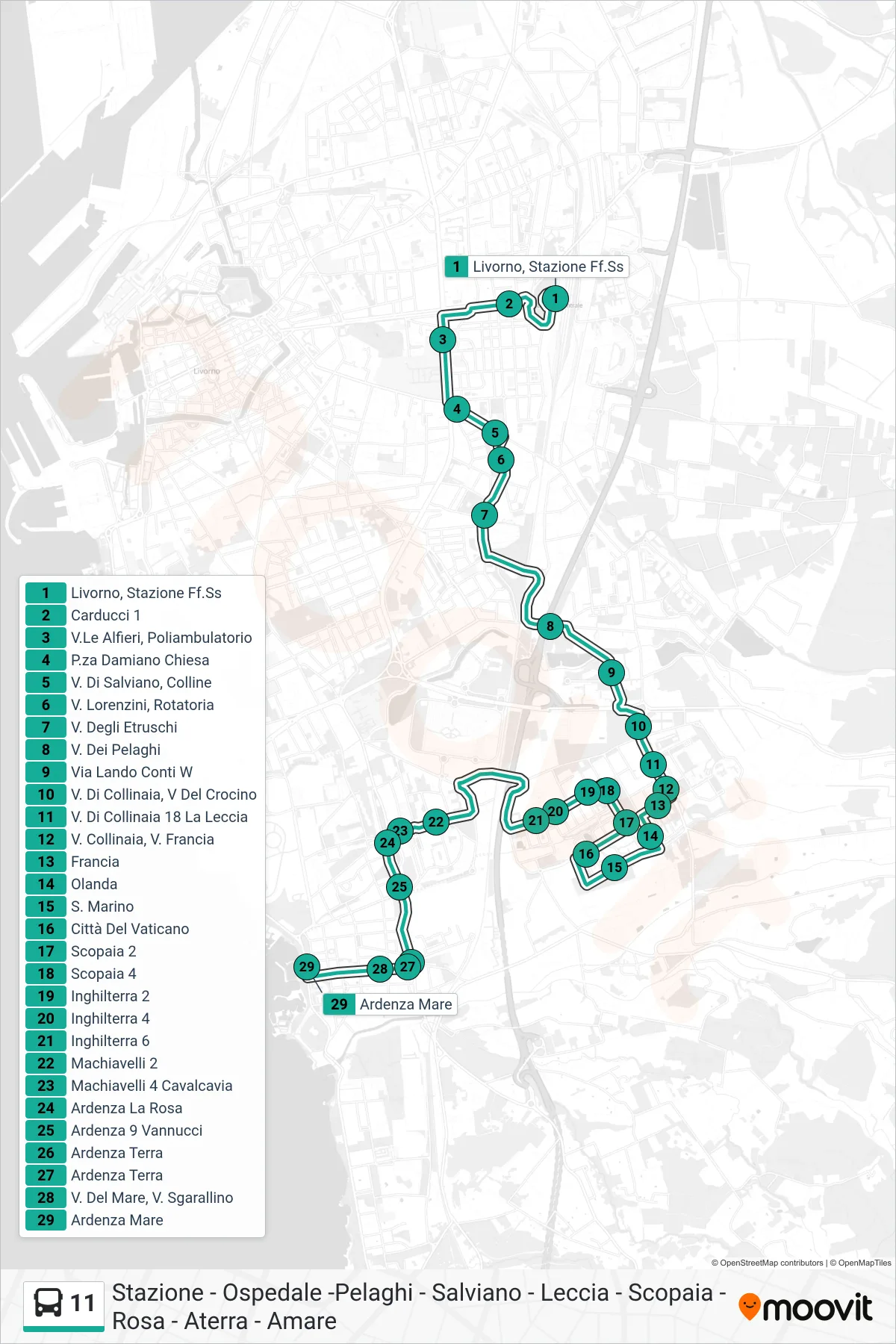 Linea 11  bus (Ardenza Mare) - Percorsi e fermate sulla mappa