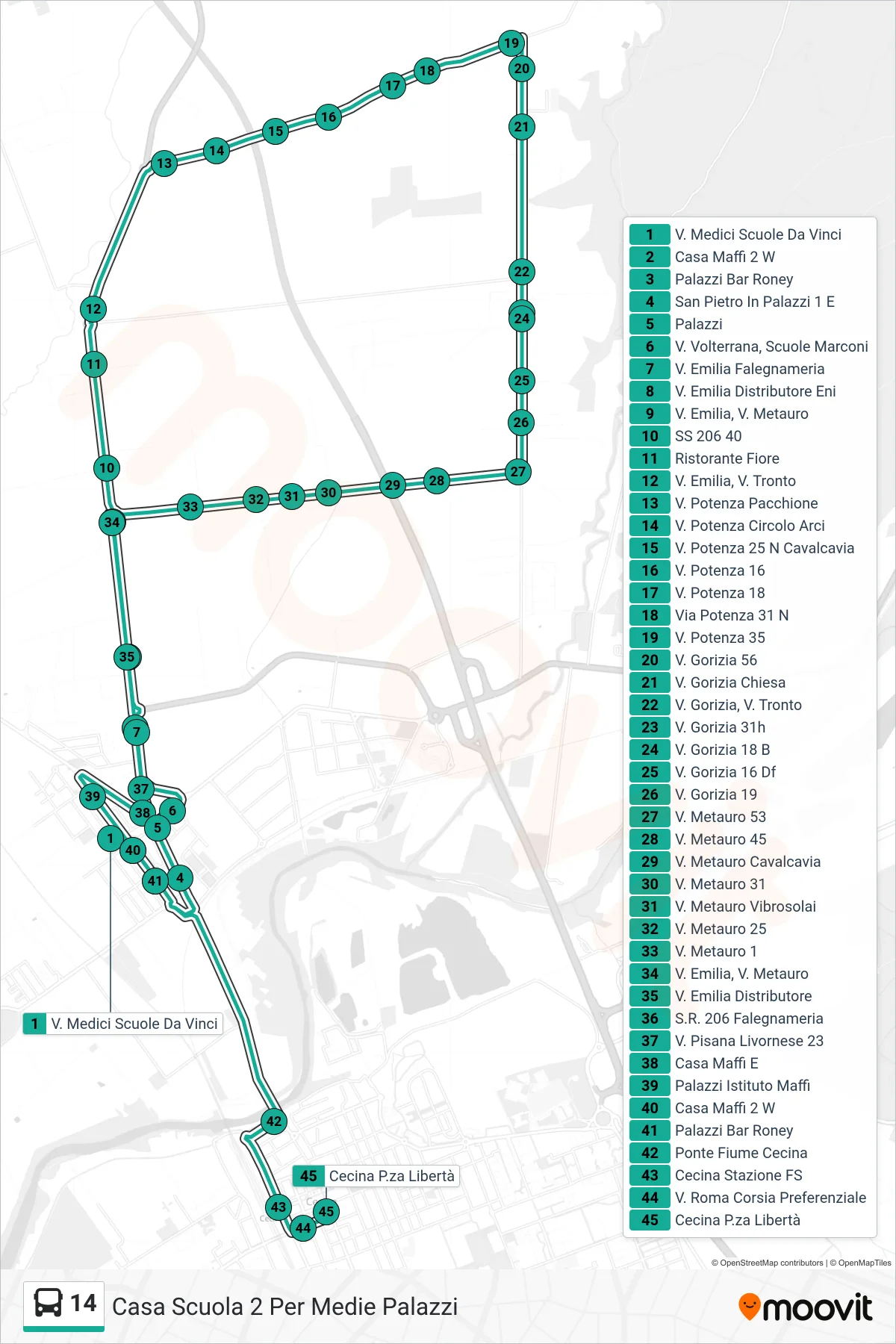 Linea 14  bus (Cecina Libertà) - Percorsi e fermate sulla mappa