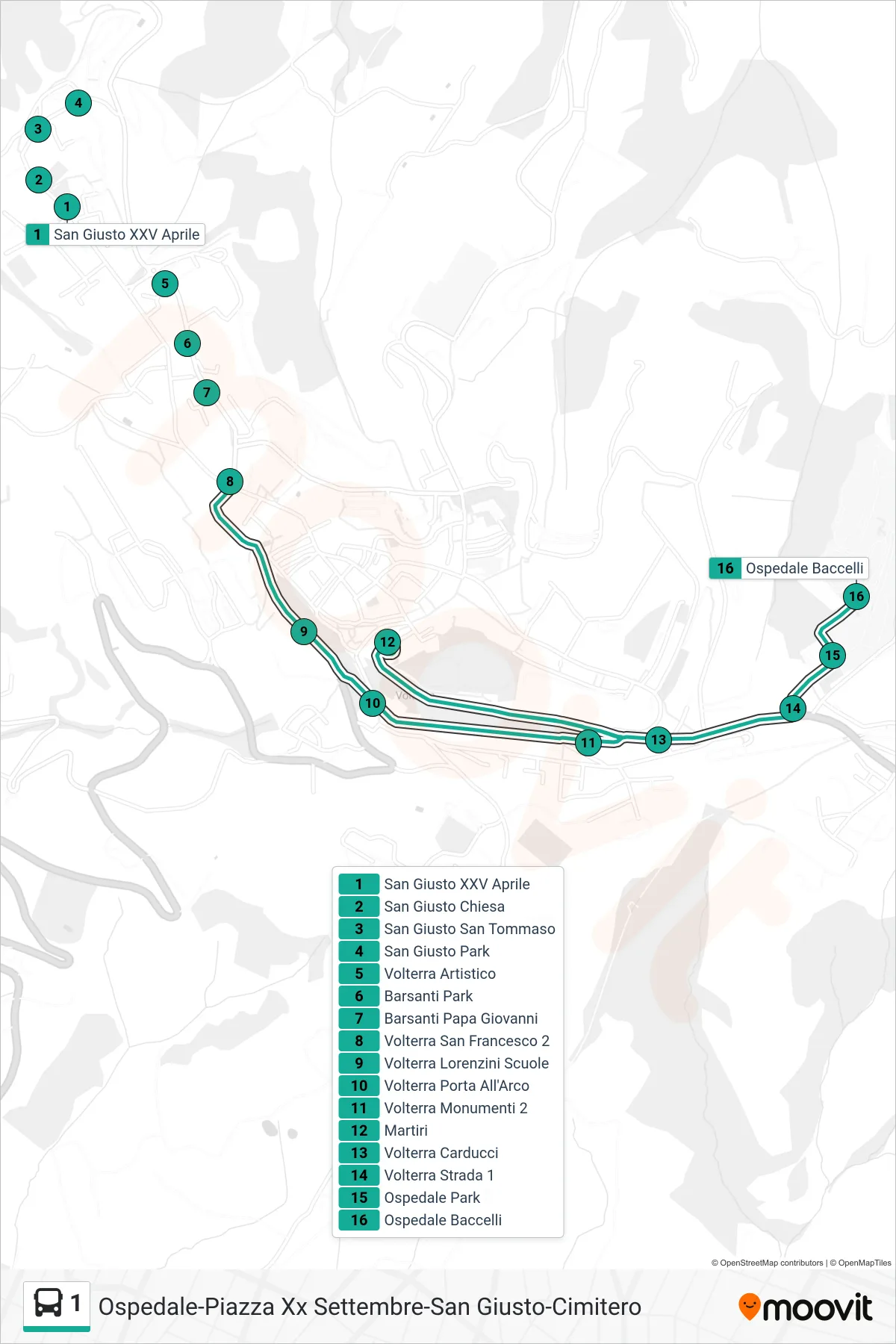 Linea 1 bus (Ospedale Baccelli) - Percorsi e fermate sulla mappa