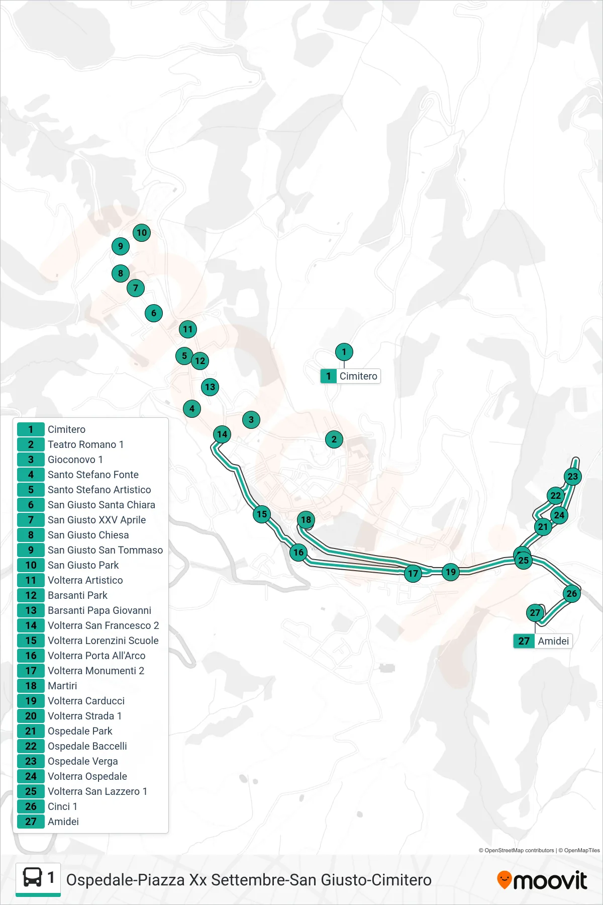 Linea 1 bus (Amidei) - Percorsi e fermate sulla mappa