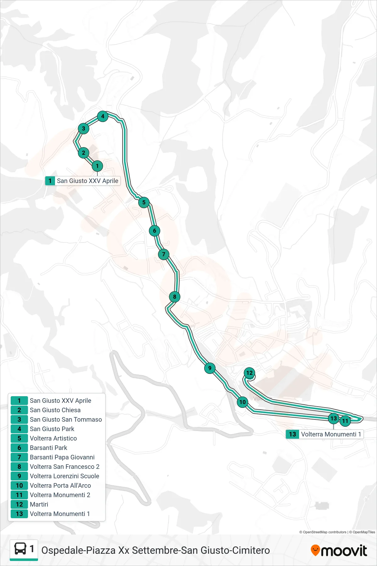 Linea 1 bus (Volterra Monumenti 1) - Percorsi e fermate sulla mappa