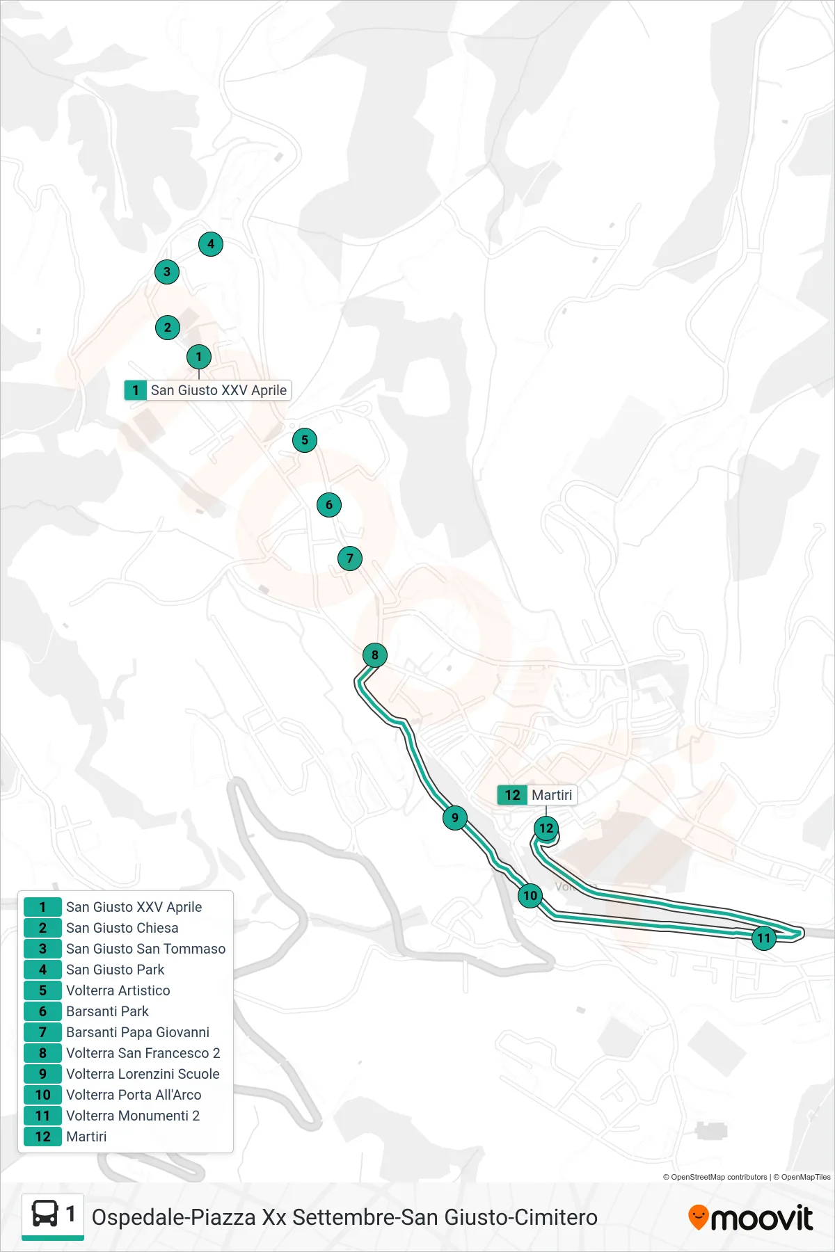 Linea 1 bus (Martiri) - Percorsi e fermate sulla mappa