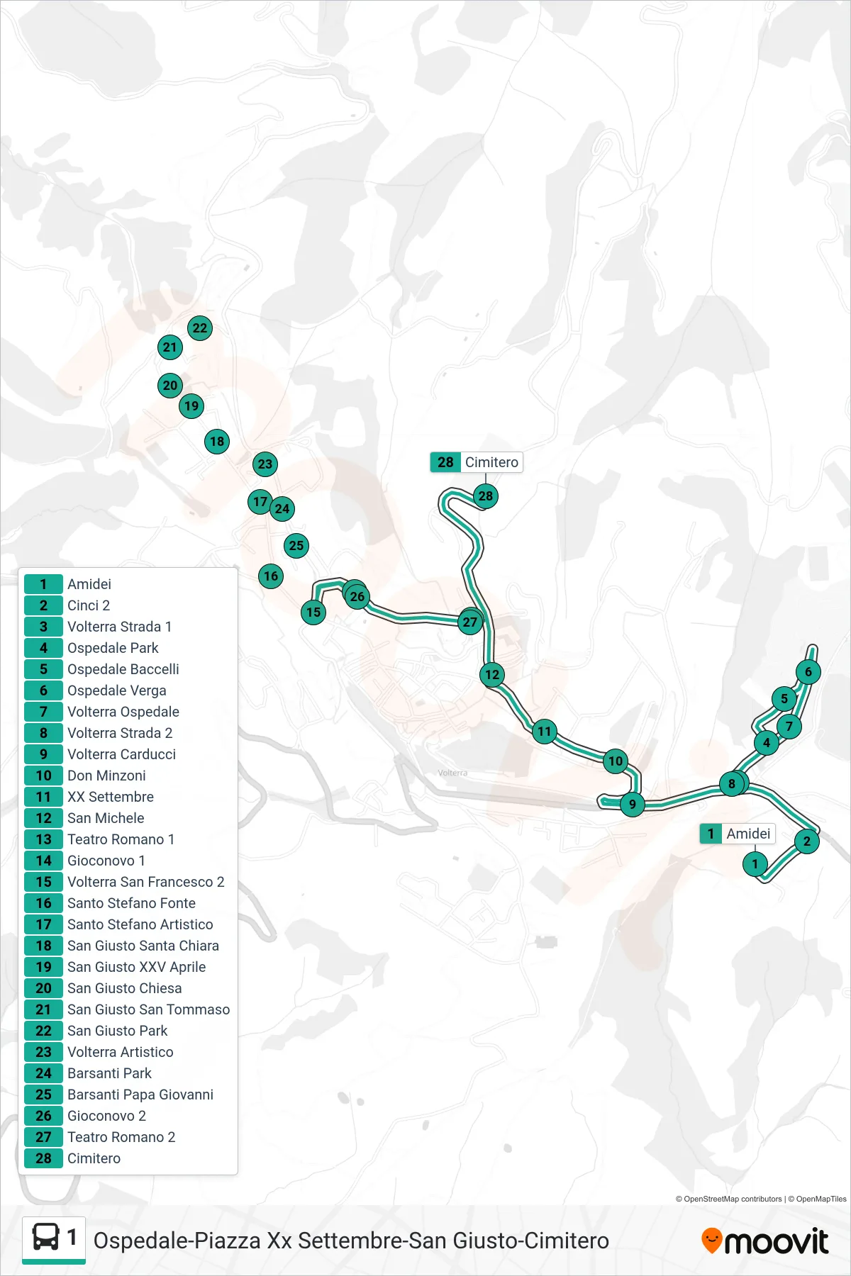 Linea 1 bus (Cimitero) - Percorsi e fermate sulla mappa