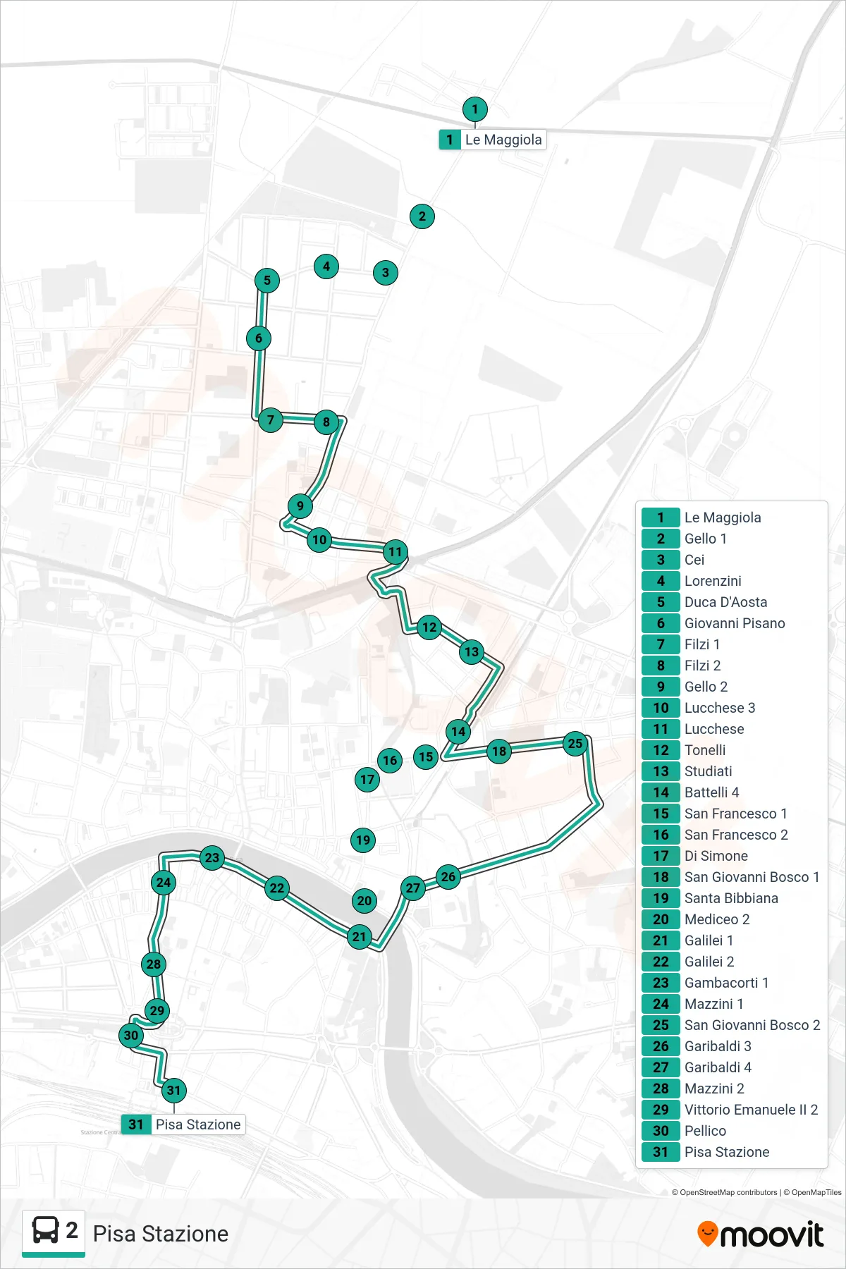 Linea 2 bus (Pisa Stazione) - Percorsi e fermate sulla mappa