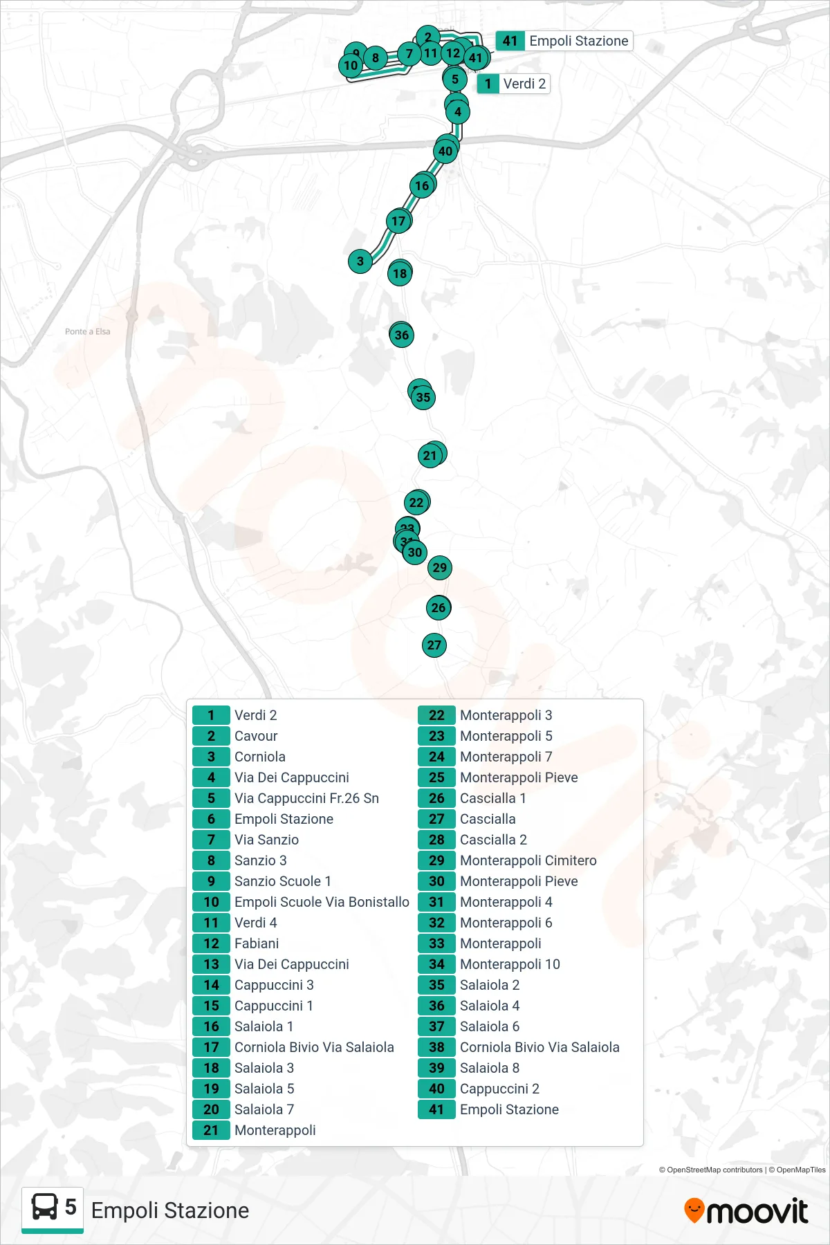 Linea 5  tram (Empoli Stazione) - Percorsi e fermate sulla mappa