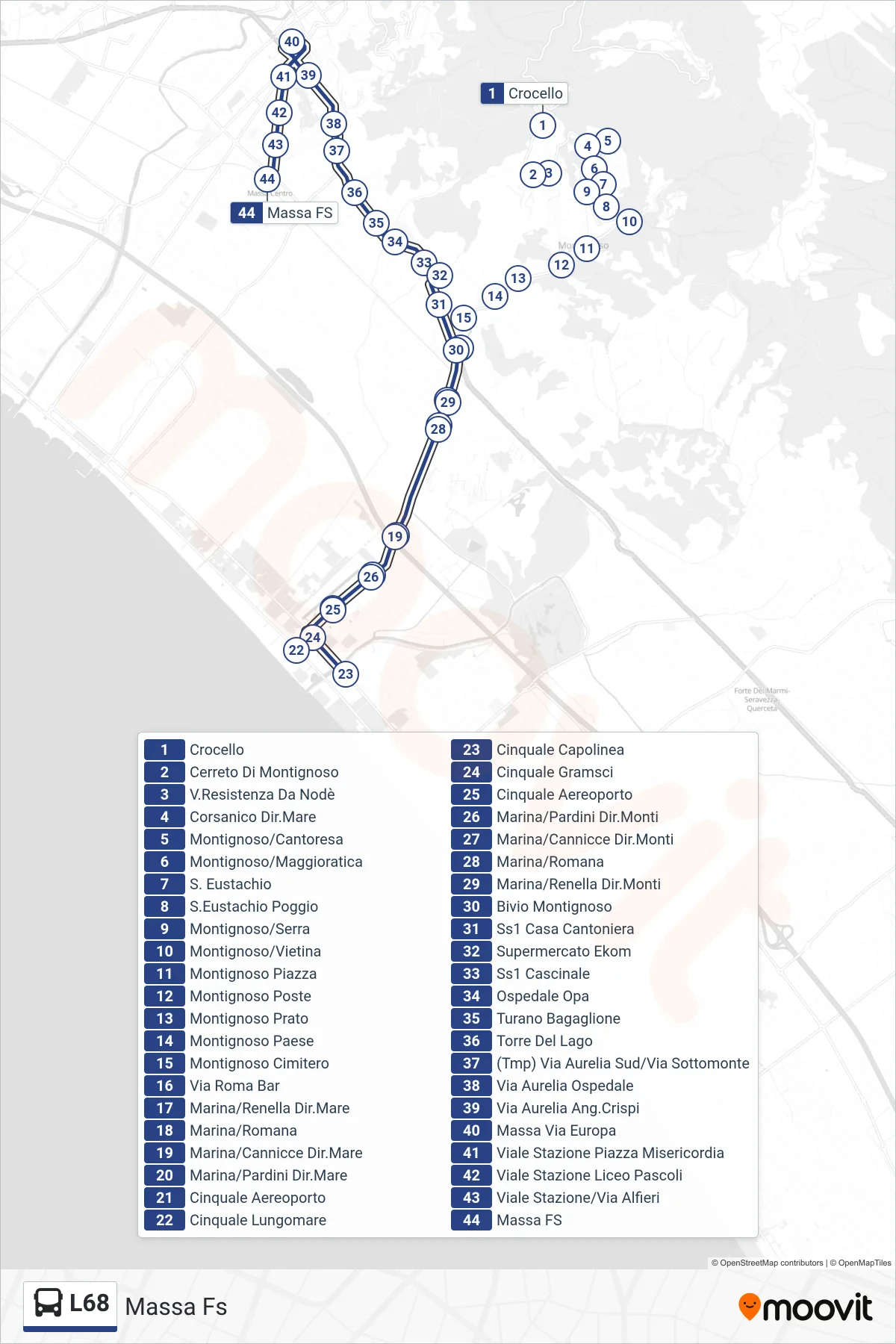 Linea L68 tram (Massa Fs) - Percorsi e fermate sulla mappa