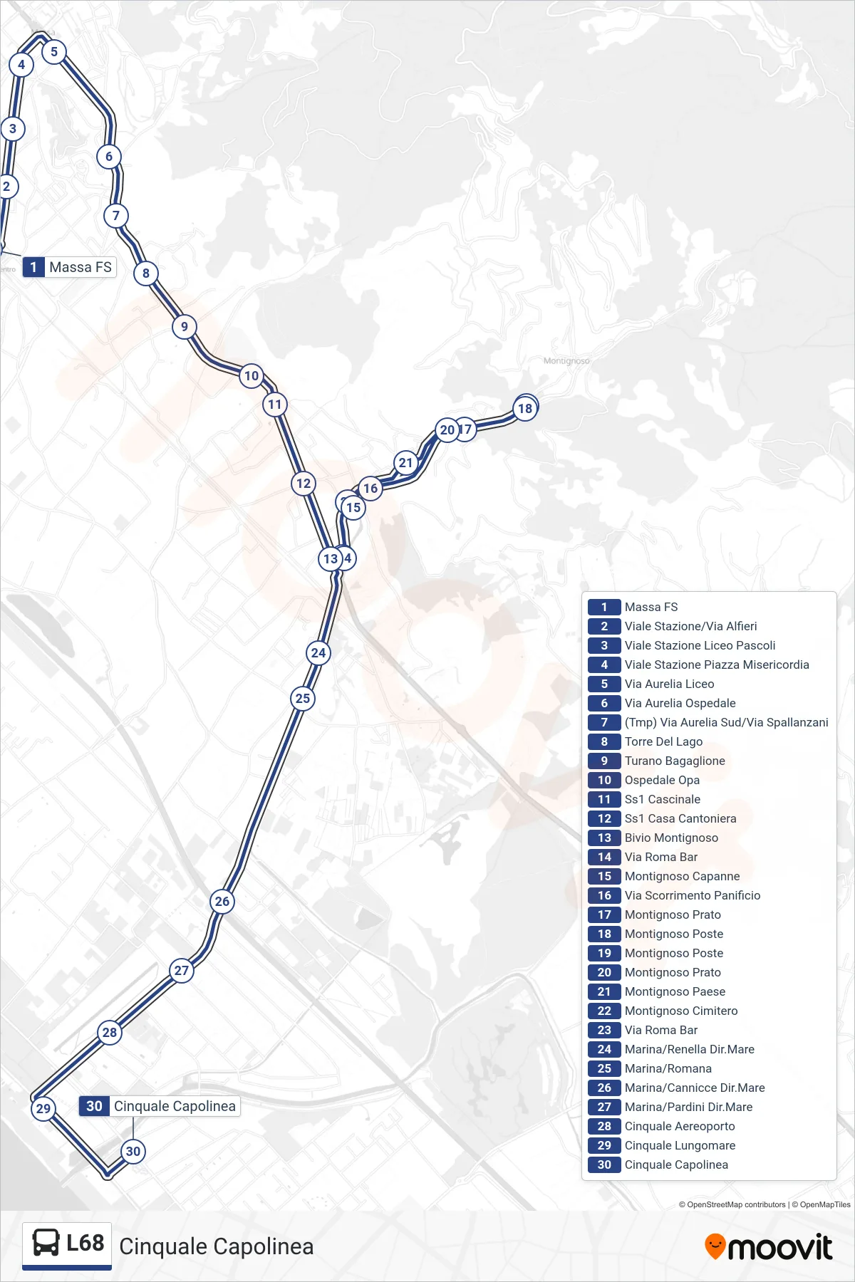 Linea L68 tram (Cinquale Capolinea) - Percorsi e fermate sulla mappa