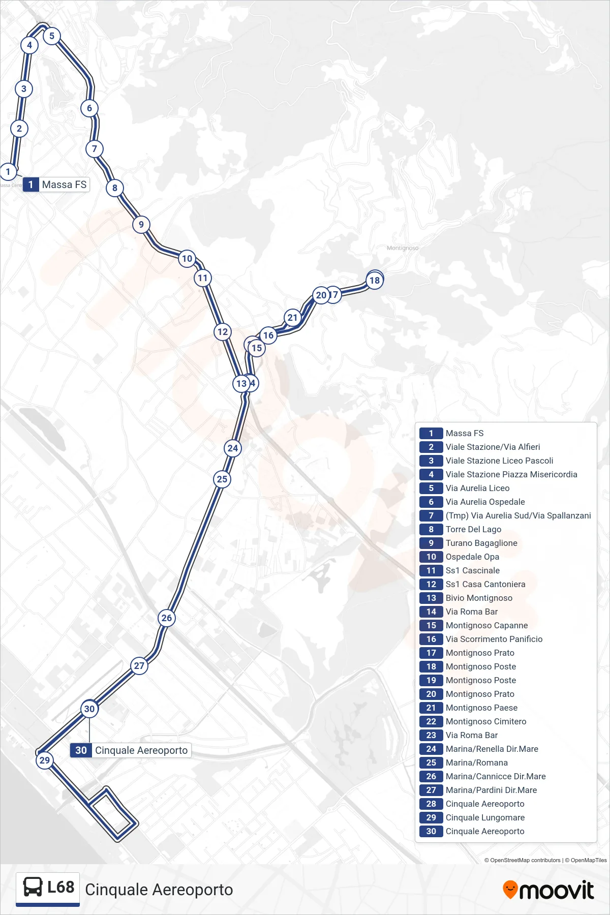 Linea L68 tram (Cinquale Aereoporto) - Percorsi e fermate sulla mappa