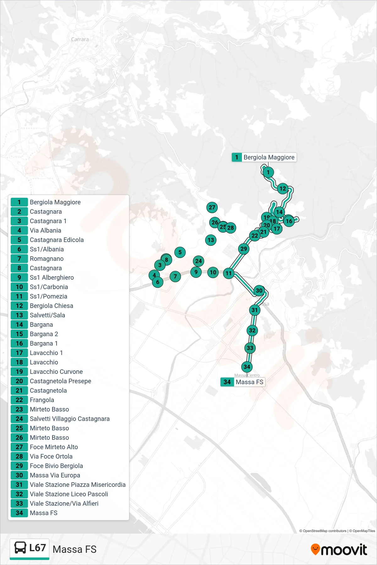 Linea L67 tram (Massa FS) - Percorsi e fermate sulla mappa