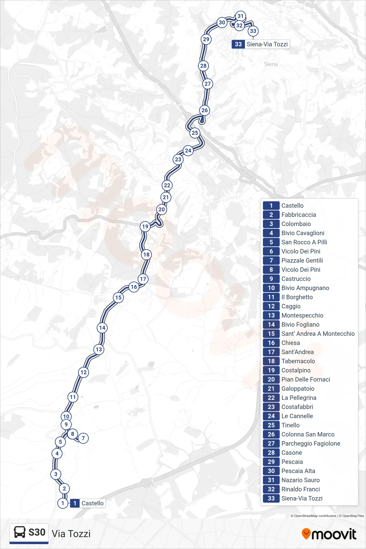 Linea S30 bus (Via Tozzi) - Percorsi e fermate sulla mappa