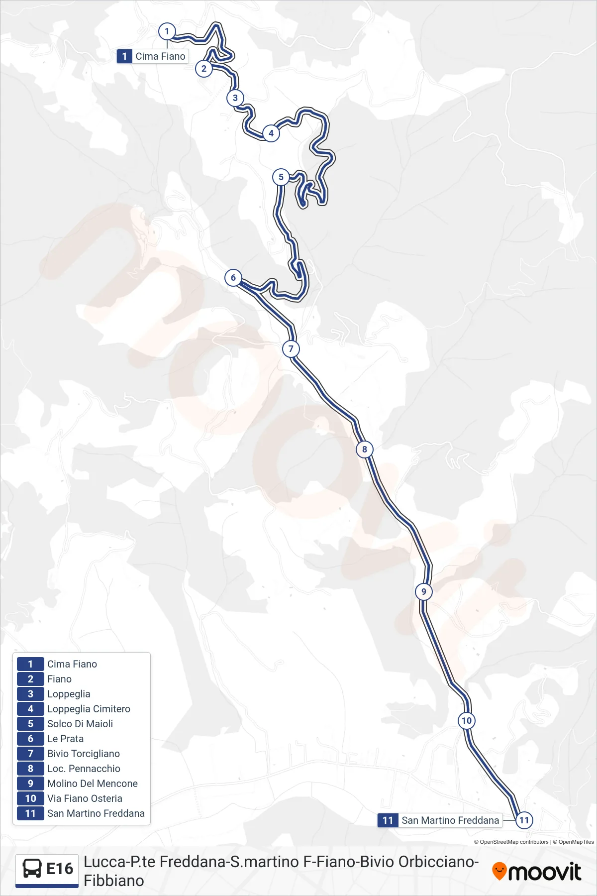 Linea E16  bus (San Martino Freddana) - Percorsi e fermate sulla mappa