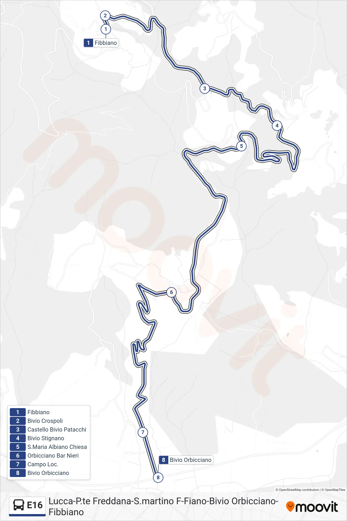 Linea E16 bus (Bivio Orbicciano) - Percorsi e fermate sulla mappa