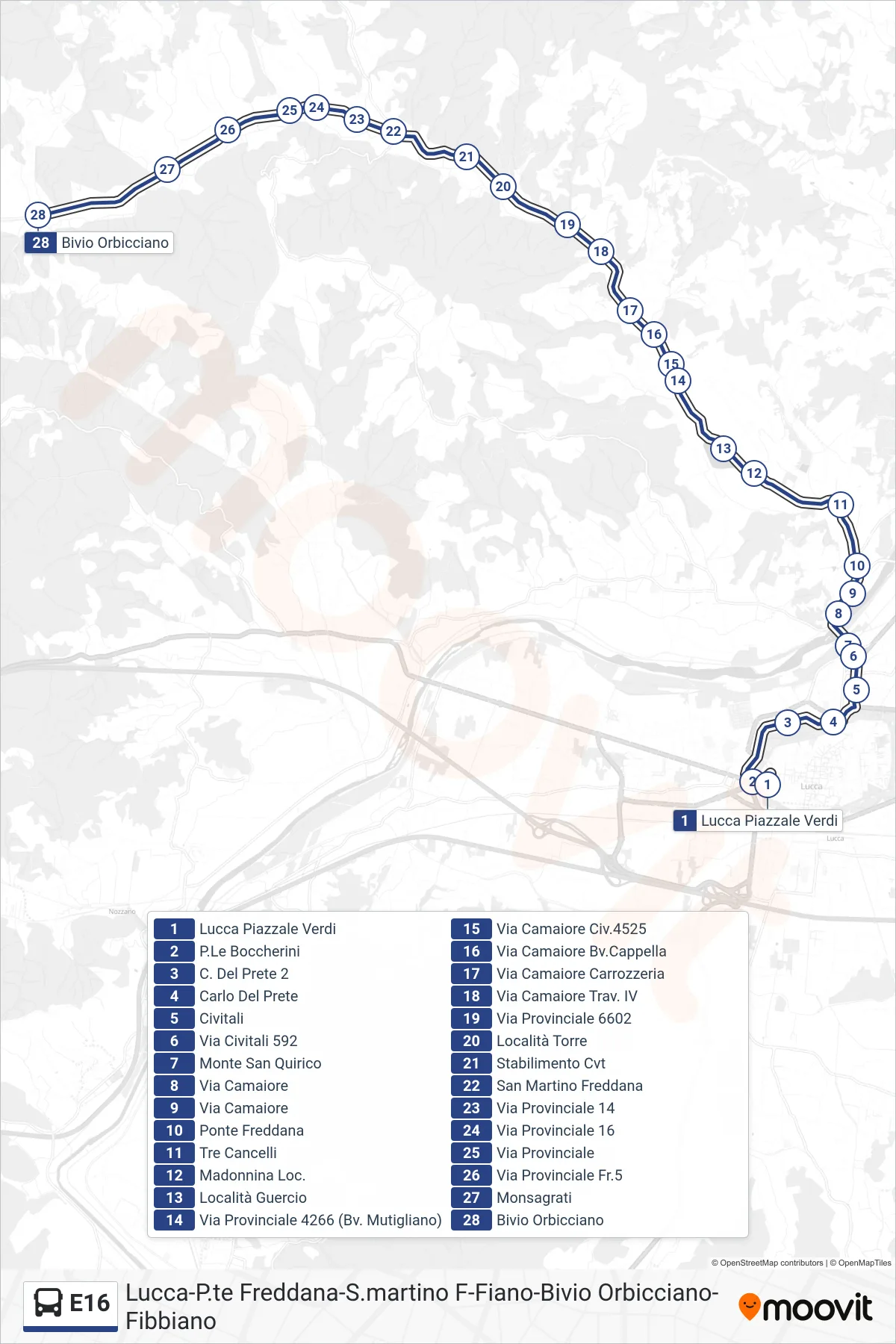 Linea E16 bus (Bivio Orbicciano) - Percorsi e fermate sulla mappa