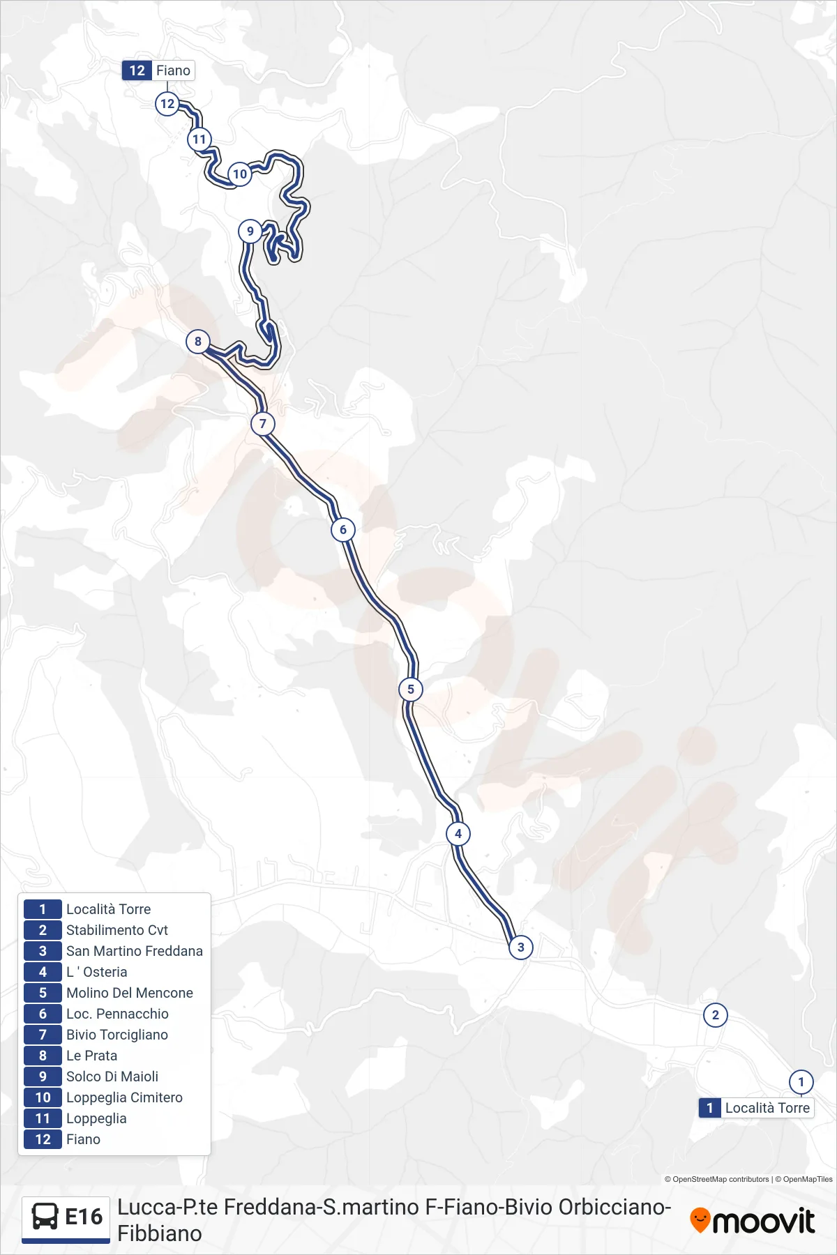 Linea E16  bus (Fiano) - Percorsi e fermate sulla mappa