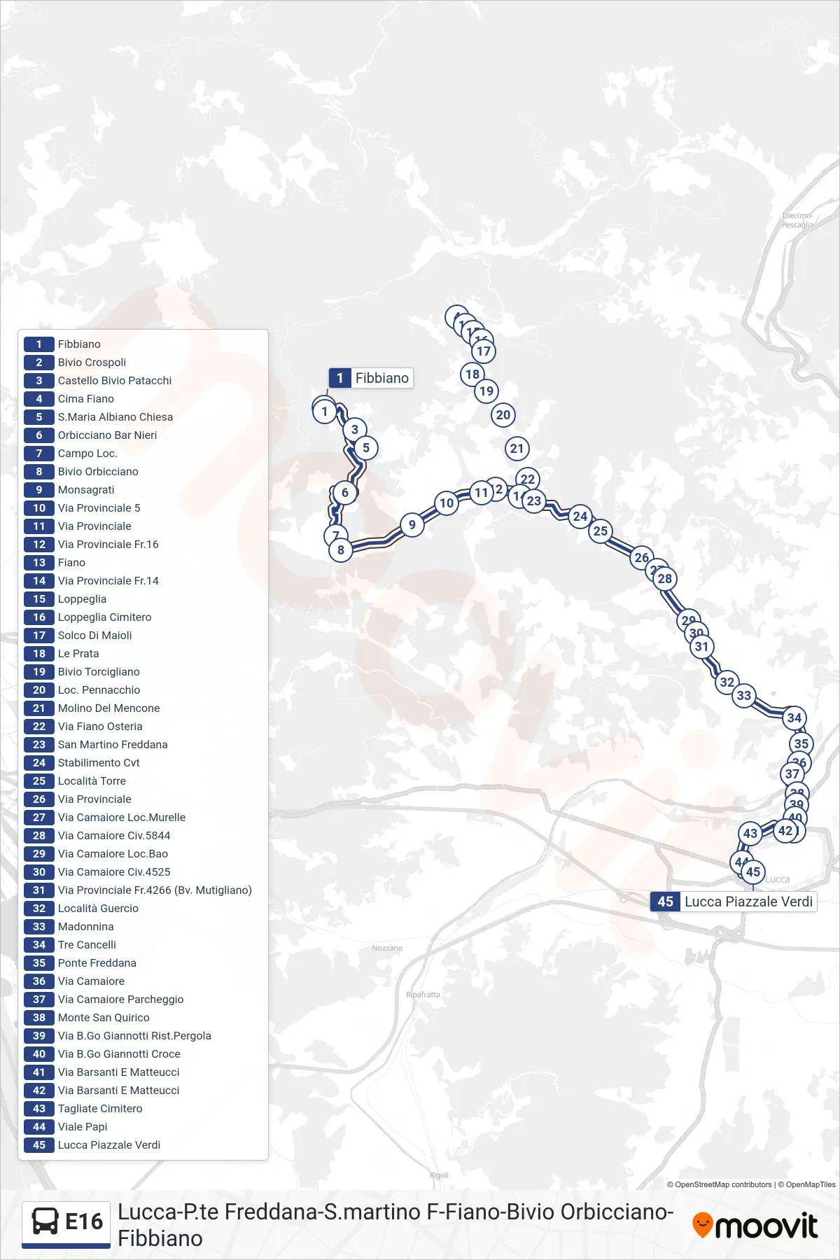 Linea E16  bus (Lucca Piazzale Verdi) - Percorsi e fermate sulla mappa