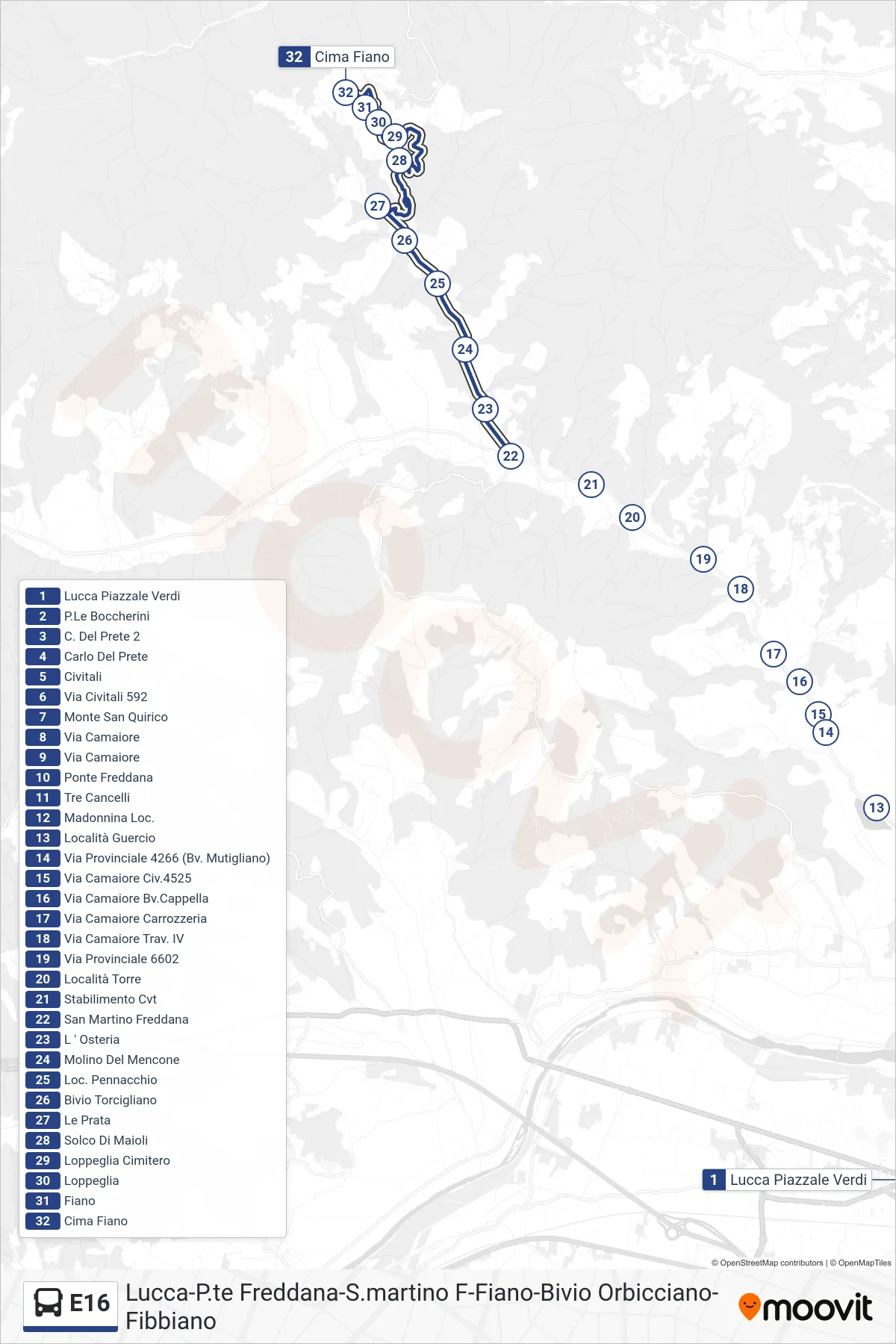 Linea E16  bus (Cima Fiano) - Percorsi e fermate sulla mappa