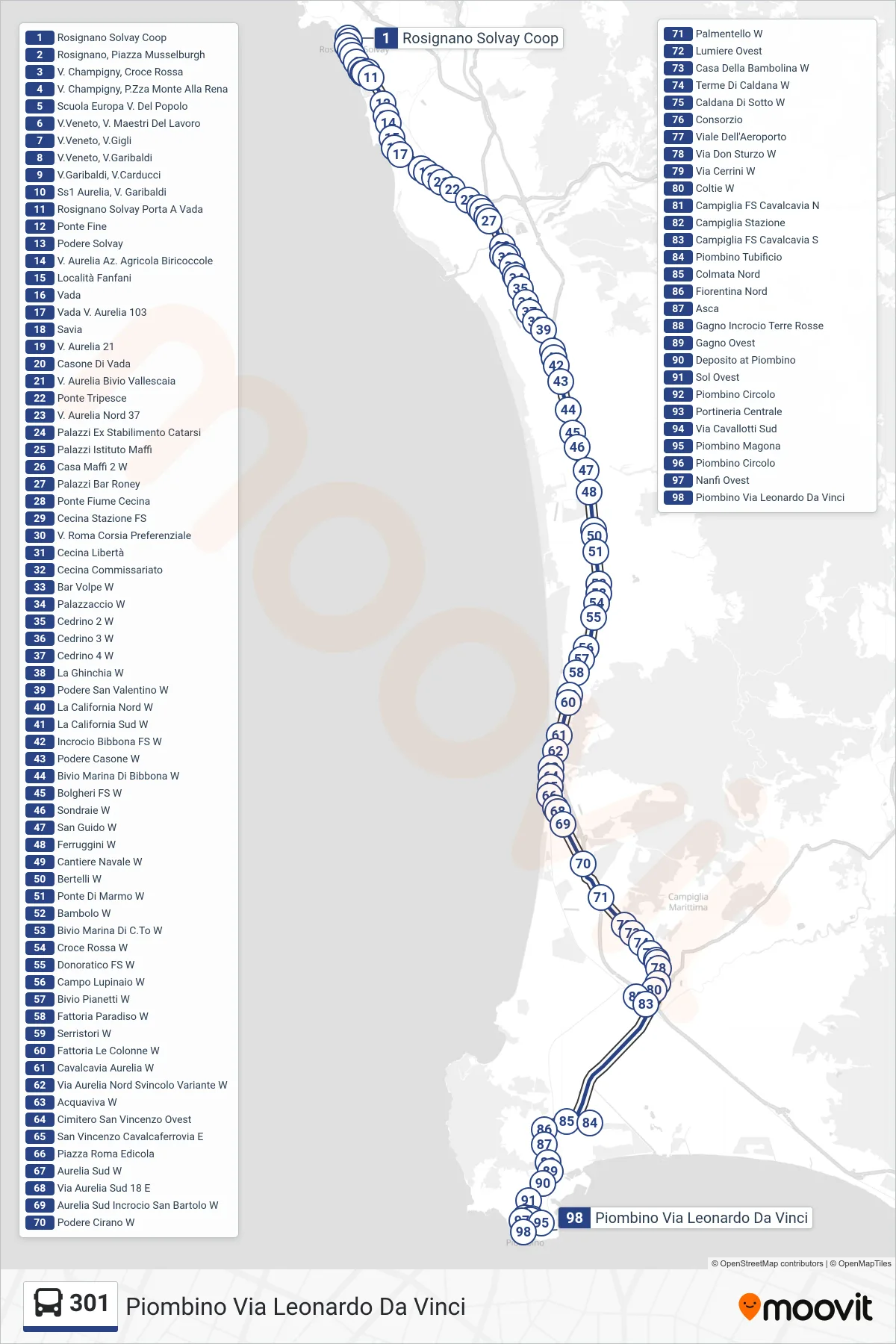 Linea 301 tram (Piombino Via Leonardo Da Vinci) - Percorsi e fermate sulla mappa