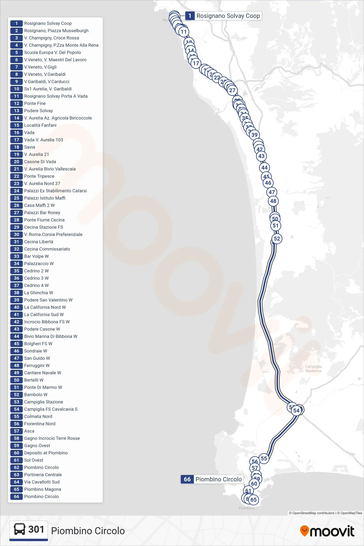 Linea 301 tram (Piombino Circolo) - Percorsi e fermate sulla mappa