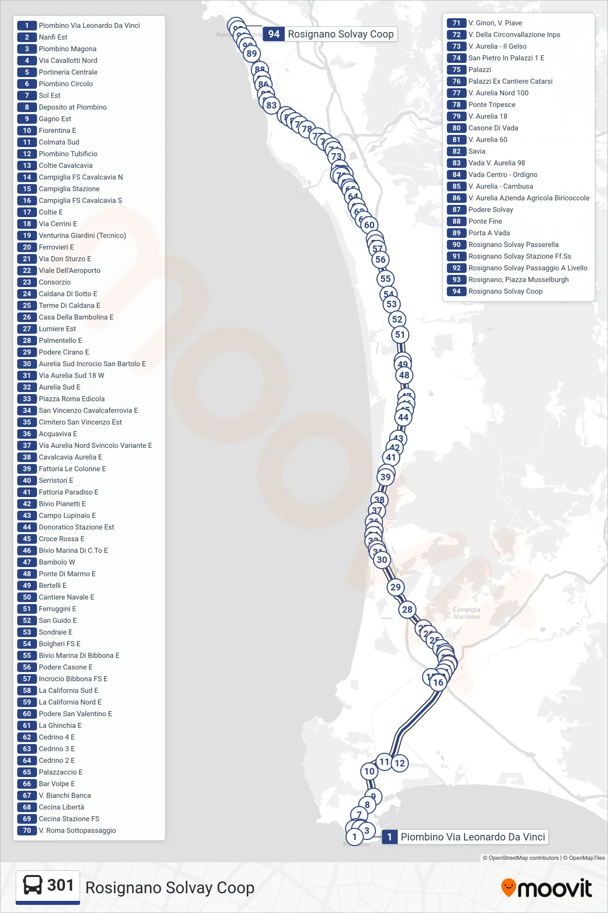 Linea 301 tram (Rosignano Solvay Coop) - Percorsi e fermate sulla mappa