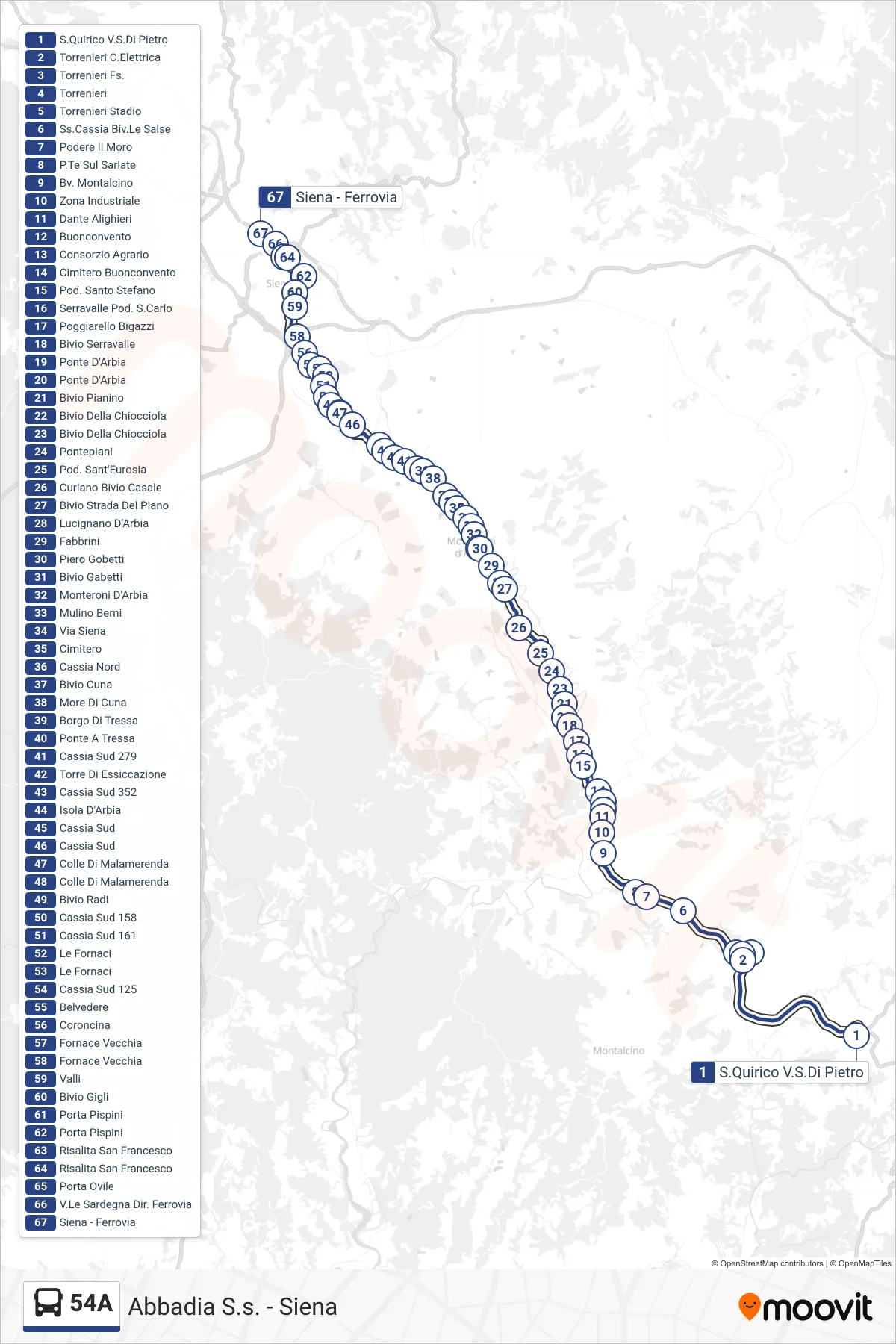 Linea 54A tram (Ferrovia) - Percorsi e fermate sulla mappa
