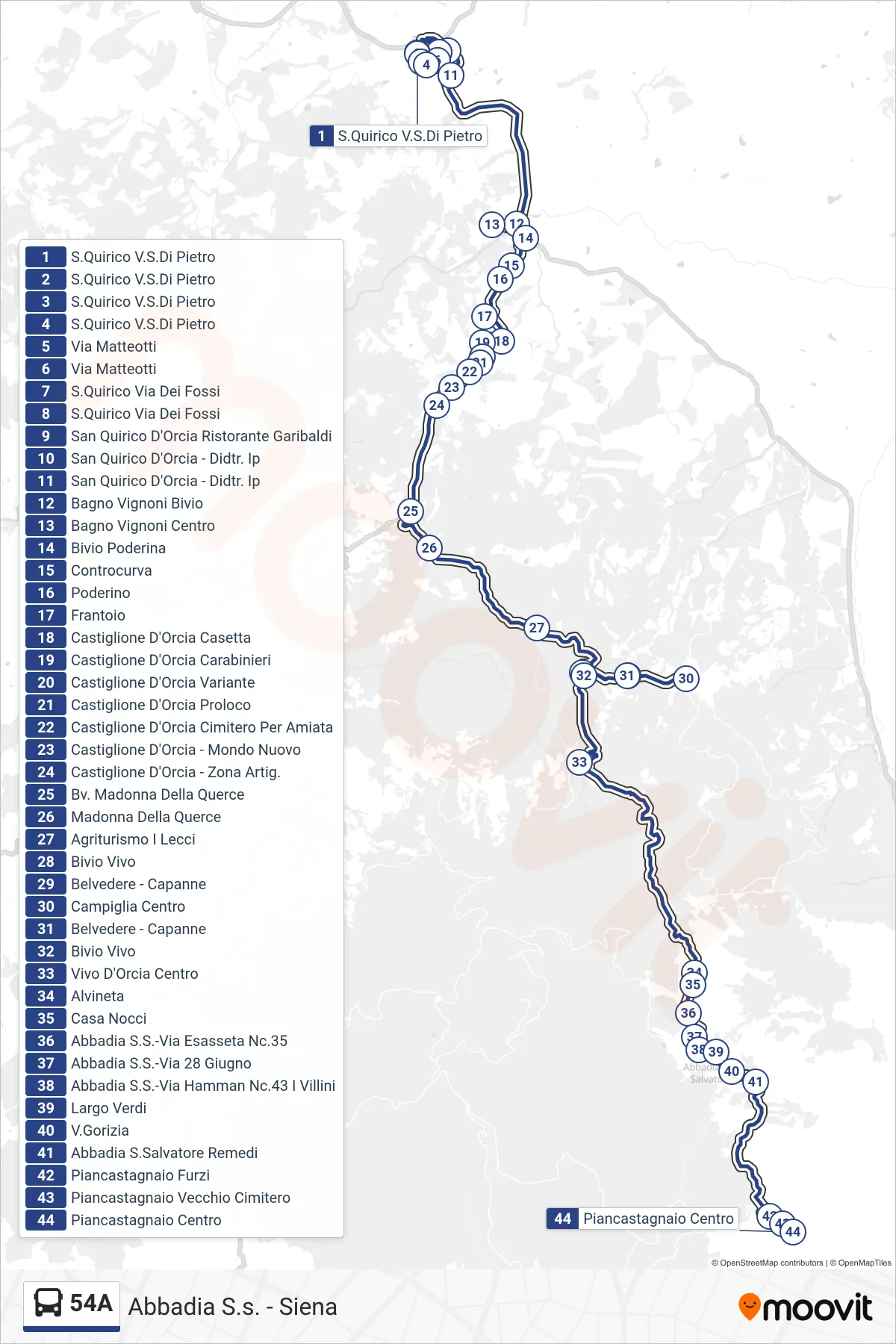 Linea 54A tram (Piancastagnaio Centro) - Percorsi e fermate sulla mappa