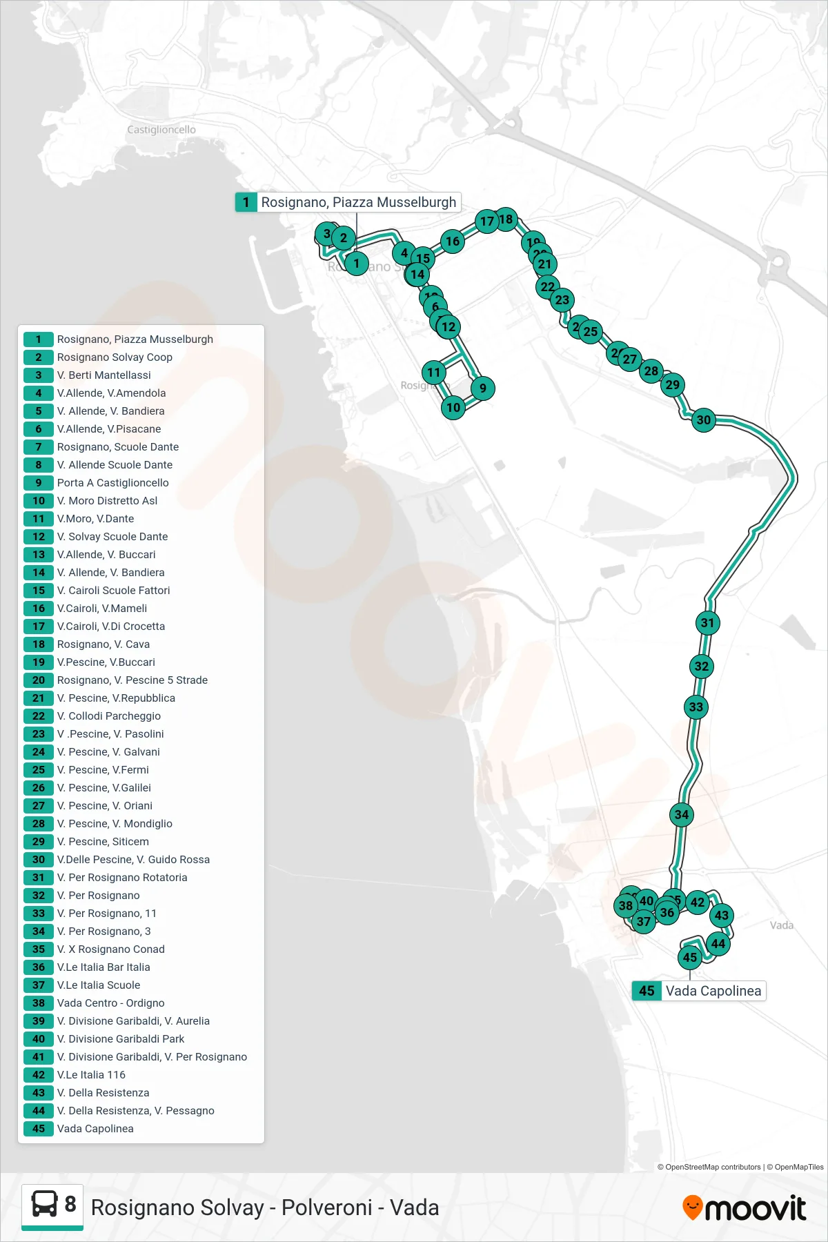 Linea 8 bus (Vada Capolinea) - Percorsi e fermate sulla mappa
