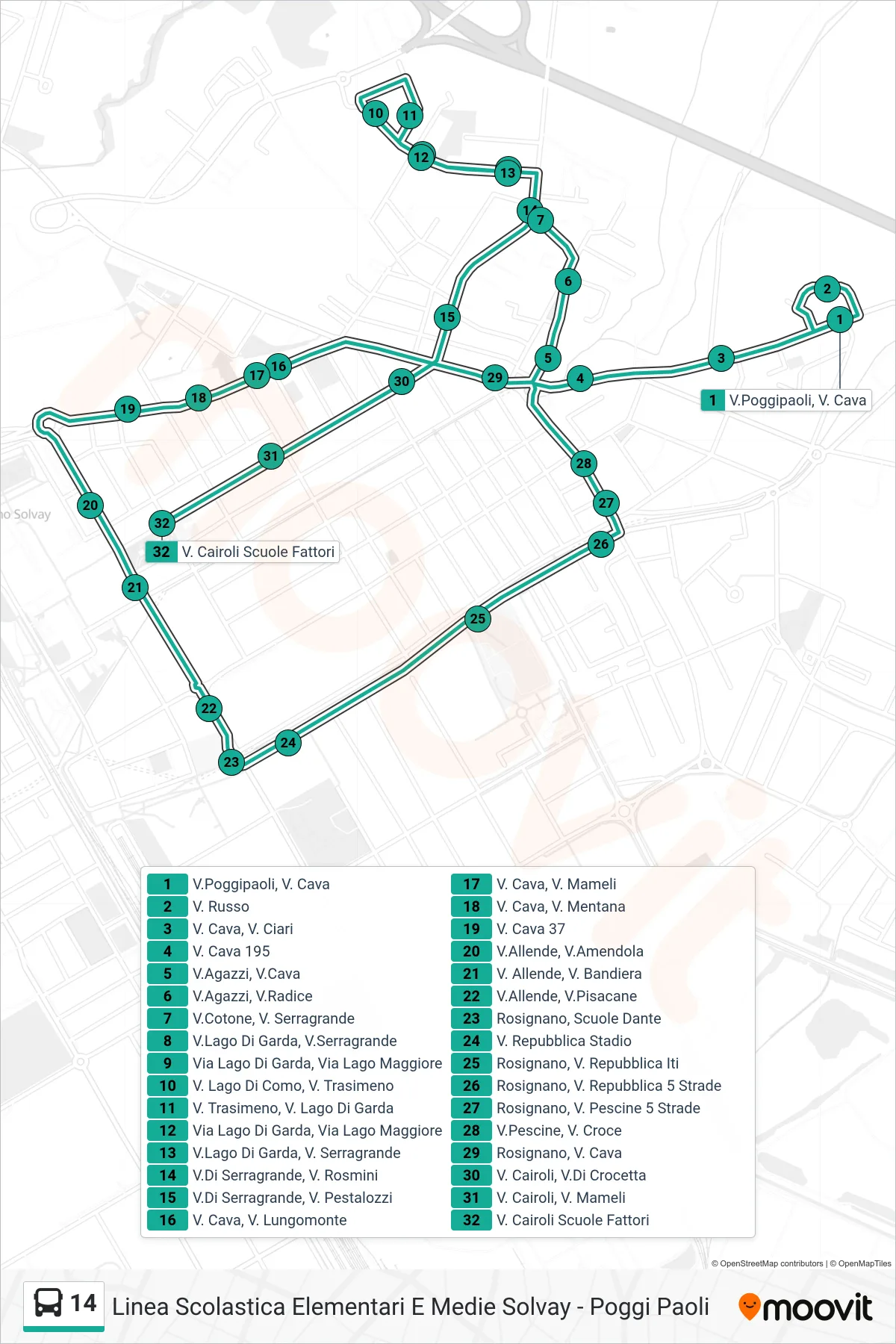 Linea 14  bus (V. Cairoli Scuole Fattori) - Percorsi e fermate sulla mappa