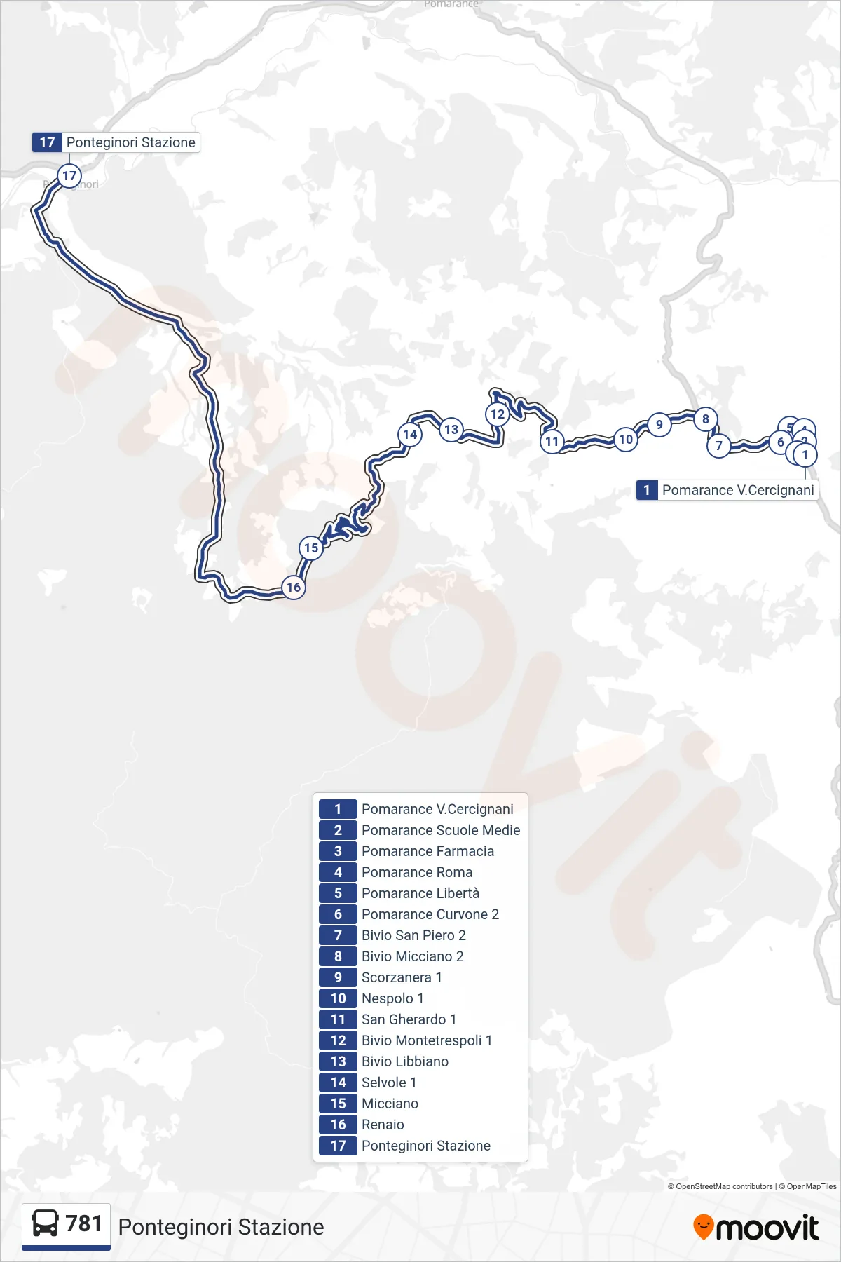 Linea 781  tram (Ponteginori Stazione) - Percorsi e fermate sulla mappa