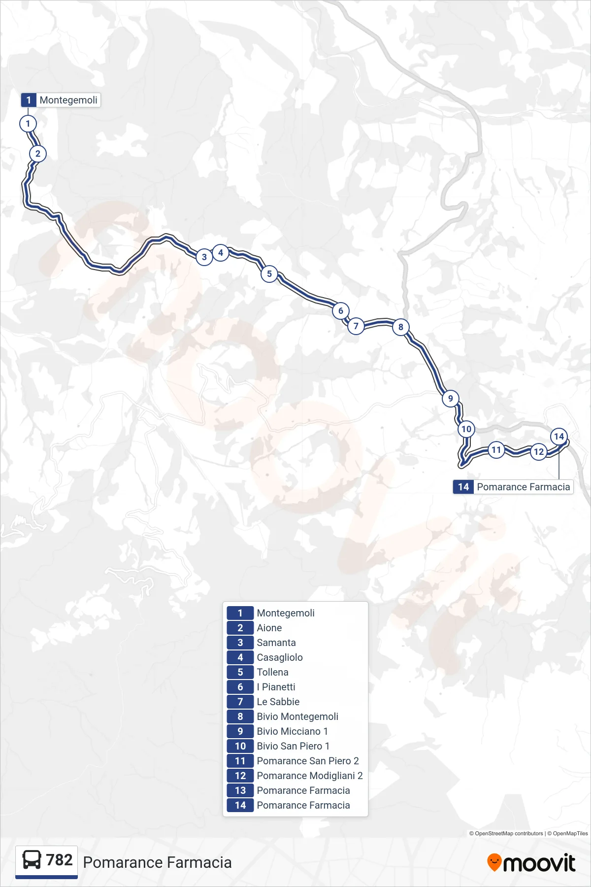Linea 782 tram (Pomarance Farmacia) - Percorsi e fermate sulla mappa
