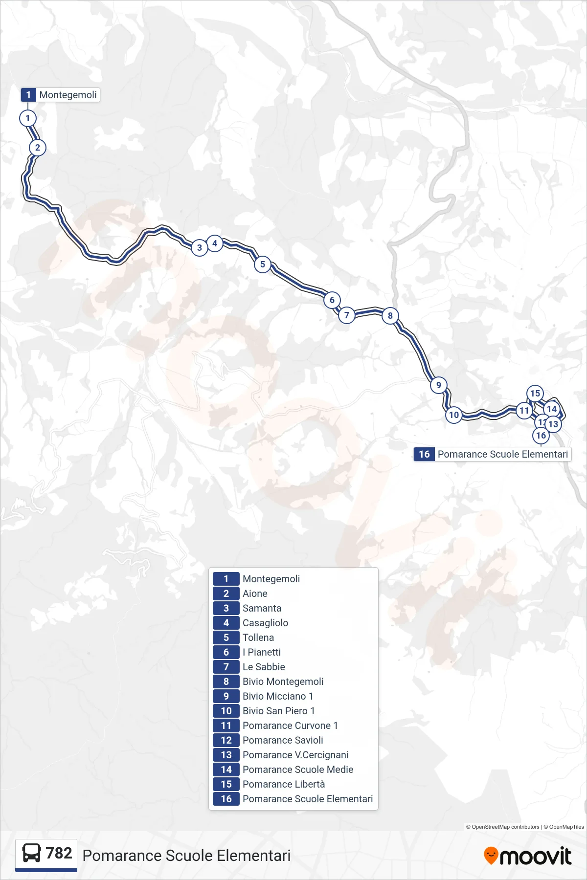Linea 782  tram (Pomarance Scuole Elementari) - Percorsi e fermate sulla mappa