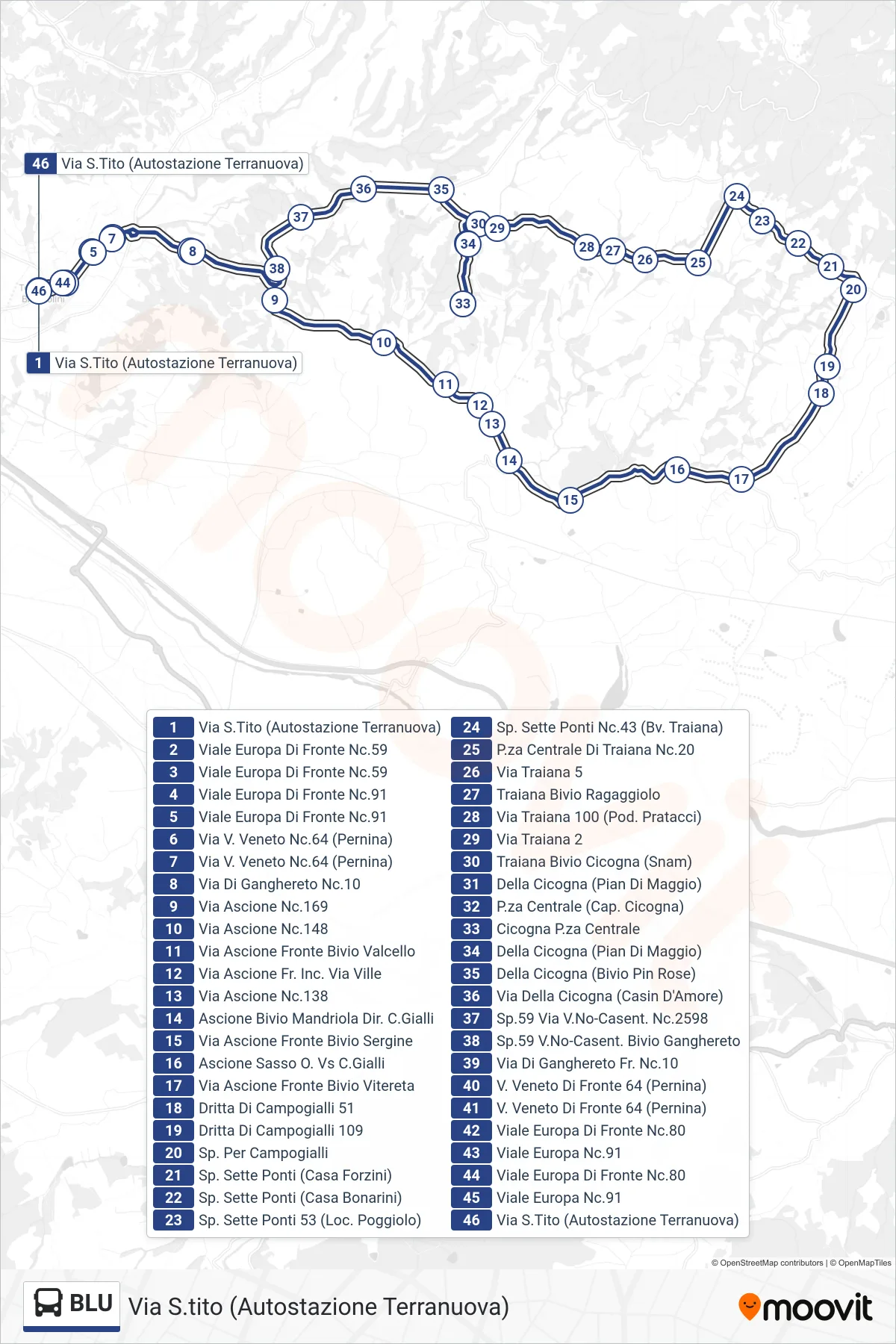 Linea BLU bus (Via S.tito (Autostazione Terranuova)) - Percorsi e fermate sulla mappa