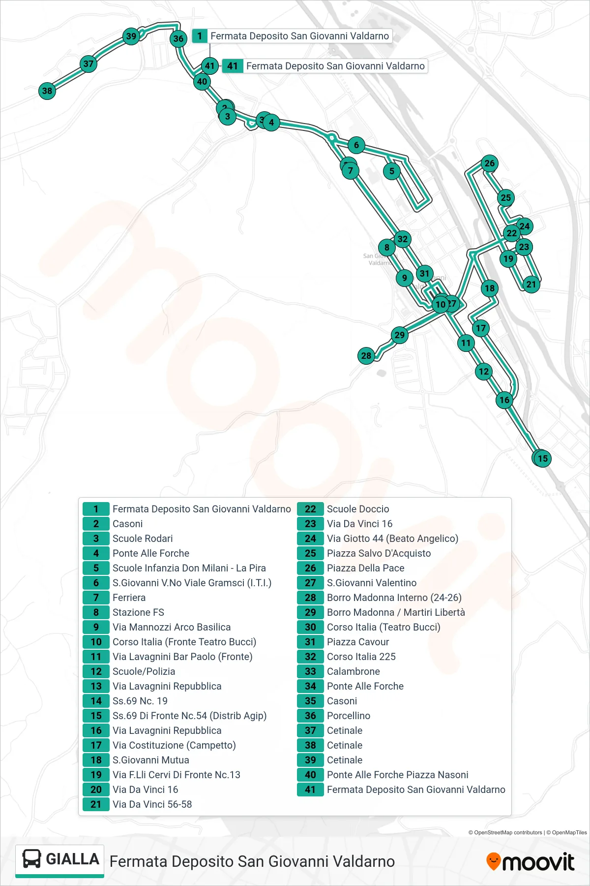Linea GIALLA  bus (Fermata Deposito San Giovanni Valdarno) - Percorsi e fermate sulla mappa