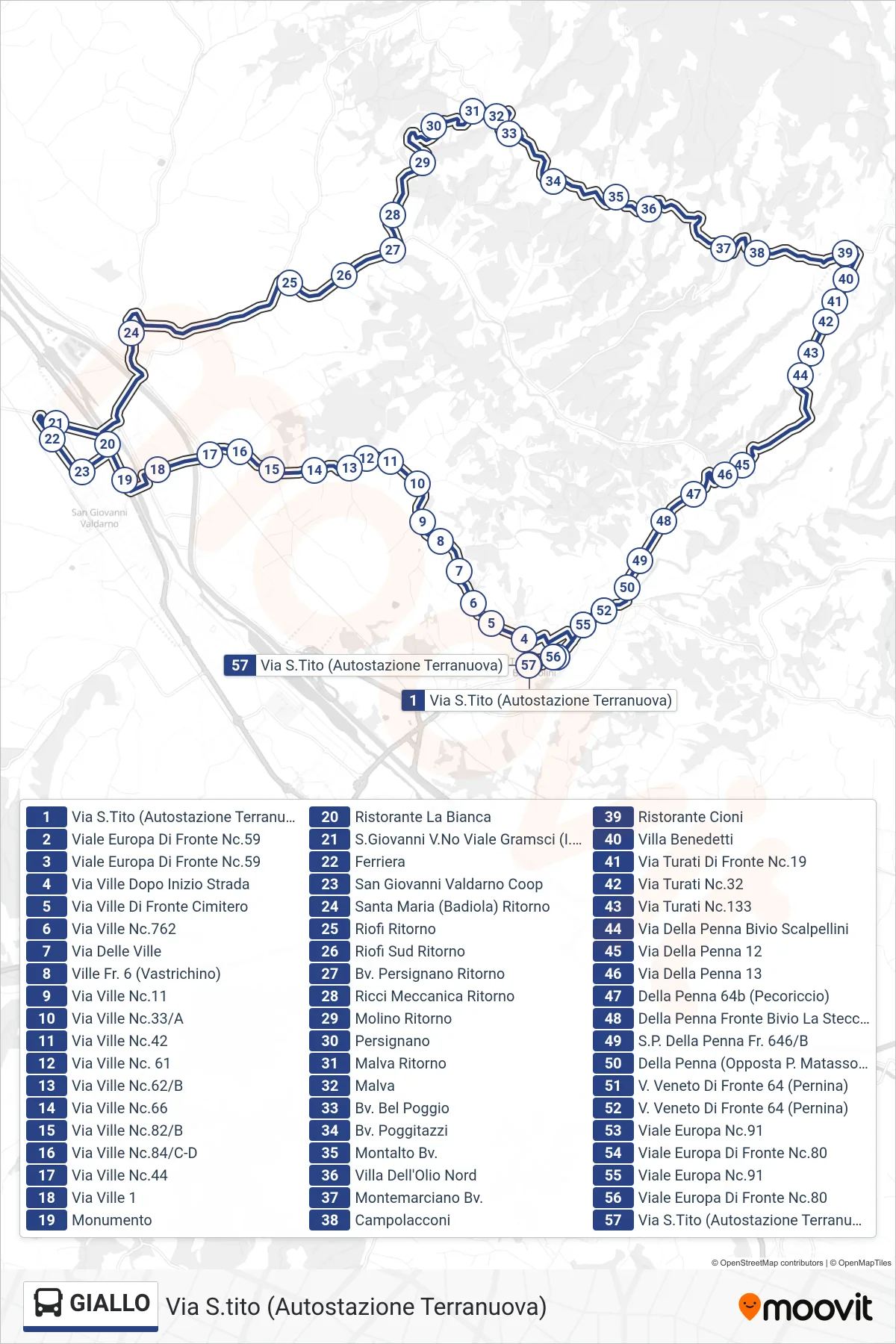 Linea GIALLO bus (Via S.tito (Autostazione Terranuova)) - Percorsi e fermate sulla mappa