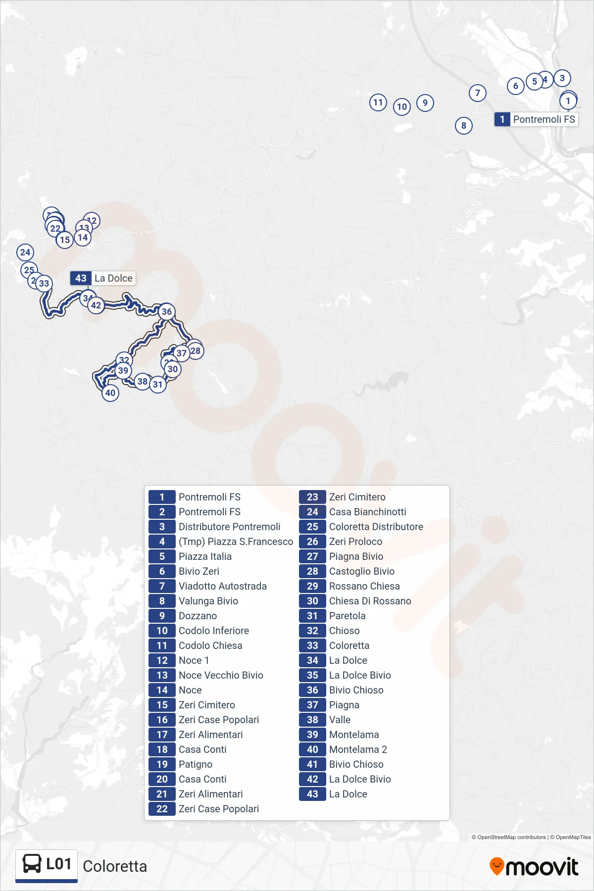Linea L01  tram (Coloretta) - Percorsi e fermate sulla mappa