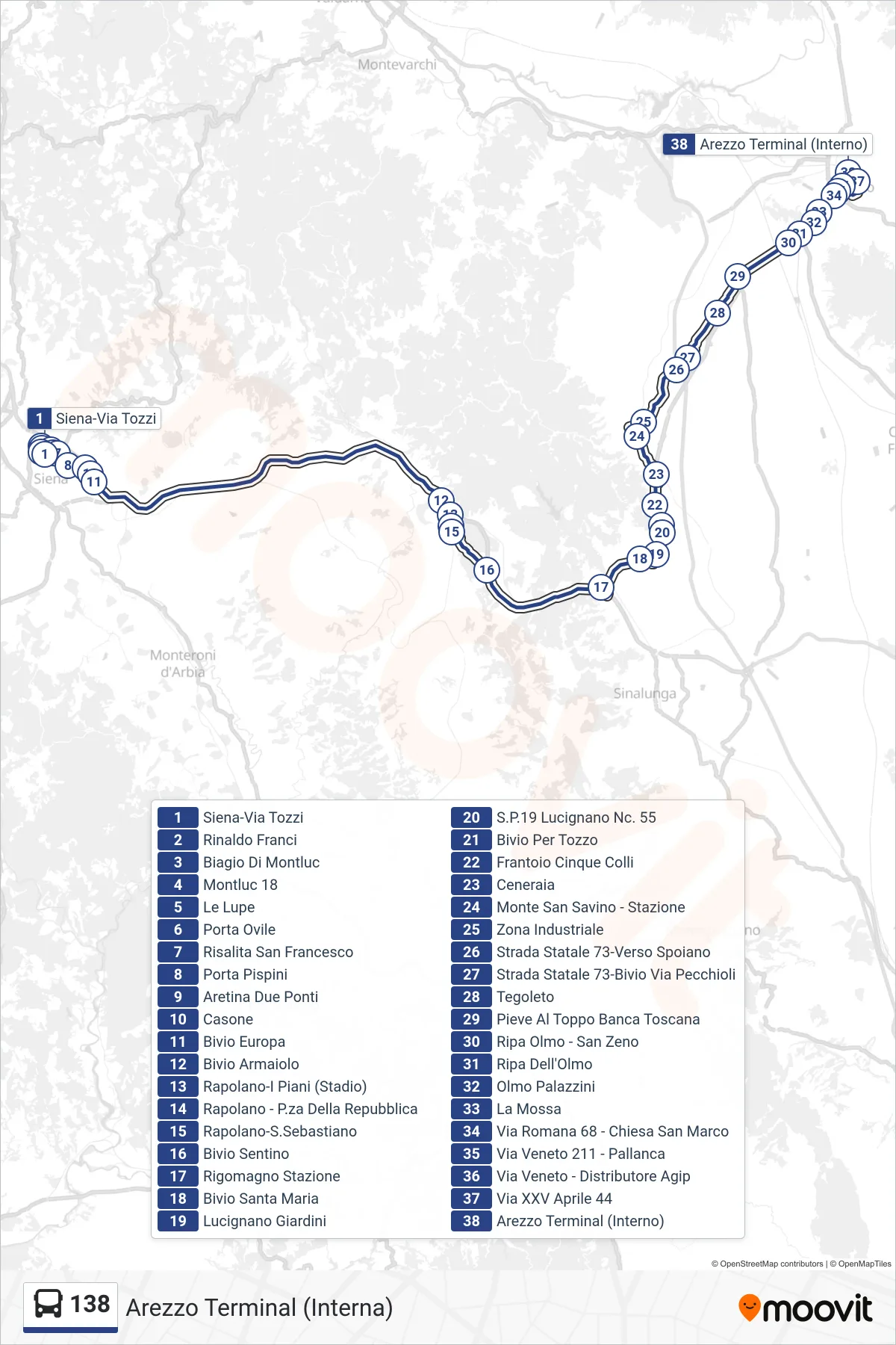 Linea 138 bus (Arezzo Terminal (Interna)) - Percorsi e fermate sulla mappa