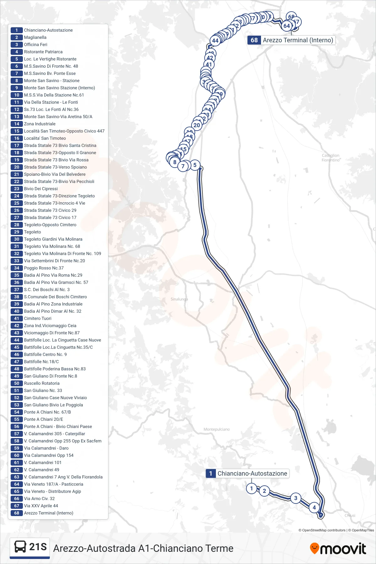 Linea 21S  bus (Arezzo Terminal (Interna)) - Percorsi e fermate sulla mappa