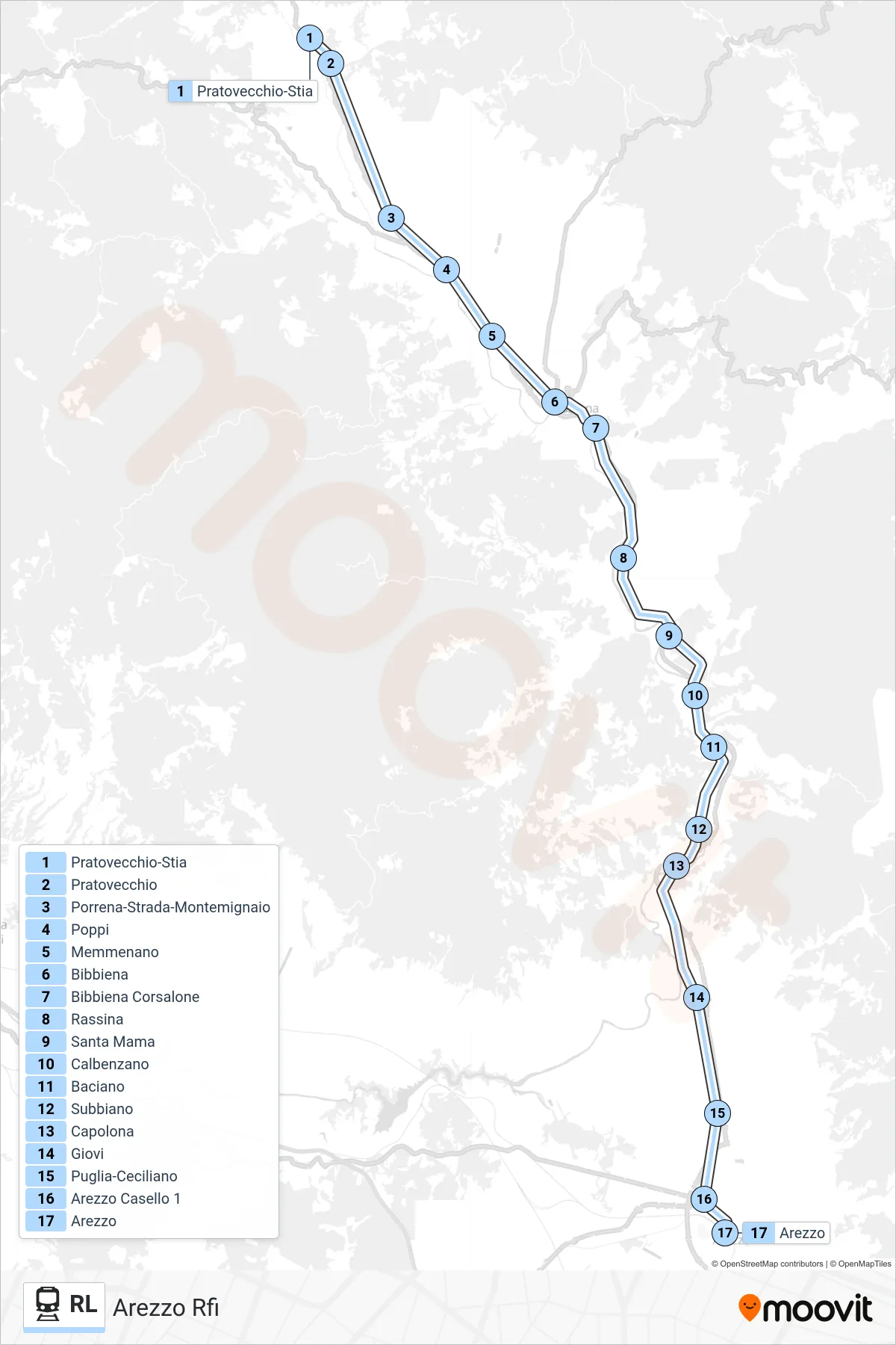 Linea RL treno (Arezzo Rfi) - Percorsi e fermate sulla mappa