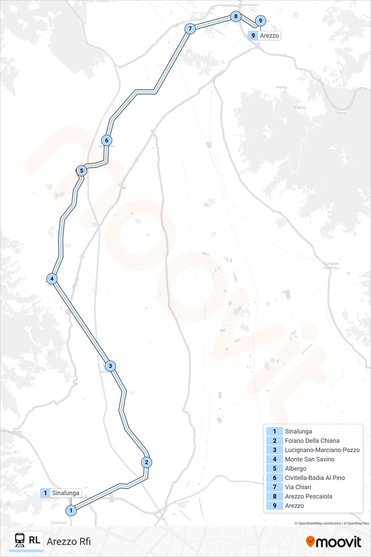 Linea RL treno (Arezzo Rfi) - Percorsi e fermate sulla mappa