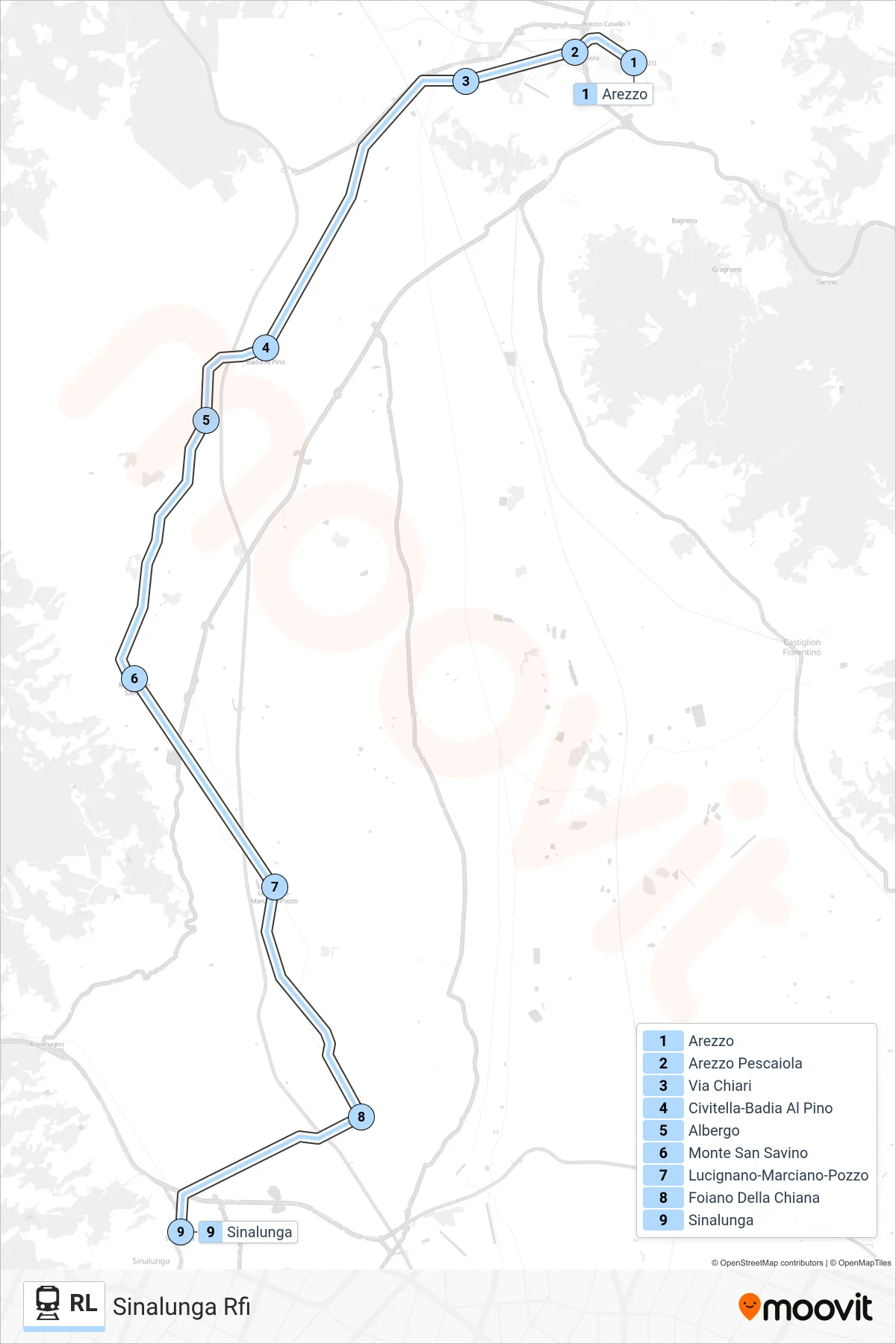 Linea RL  treno (Sinalunga Rfi) - Percorsi e fermate sulla mappa