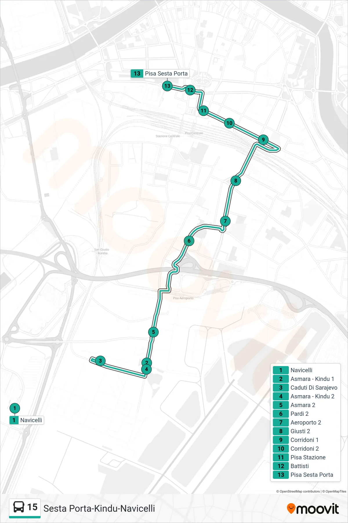 Linea 15  tram (Pisa Sesta Porta) - Percorsi e fermate sulla mappa
