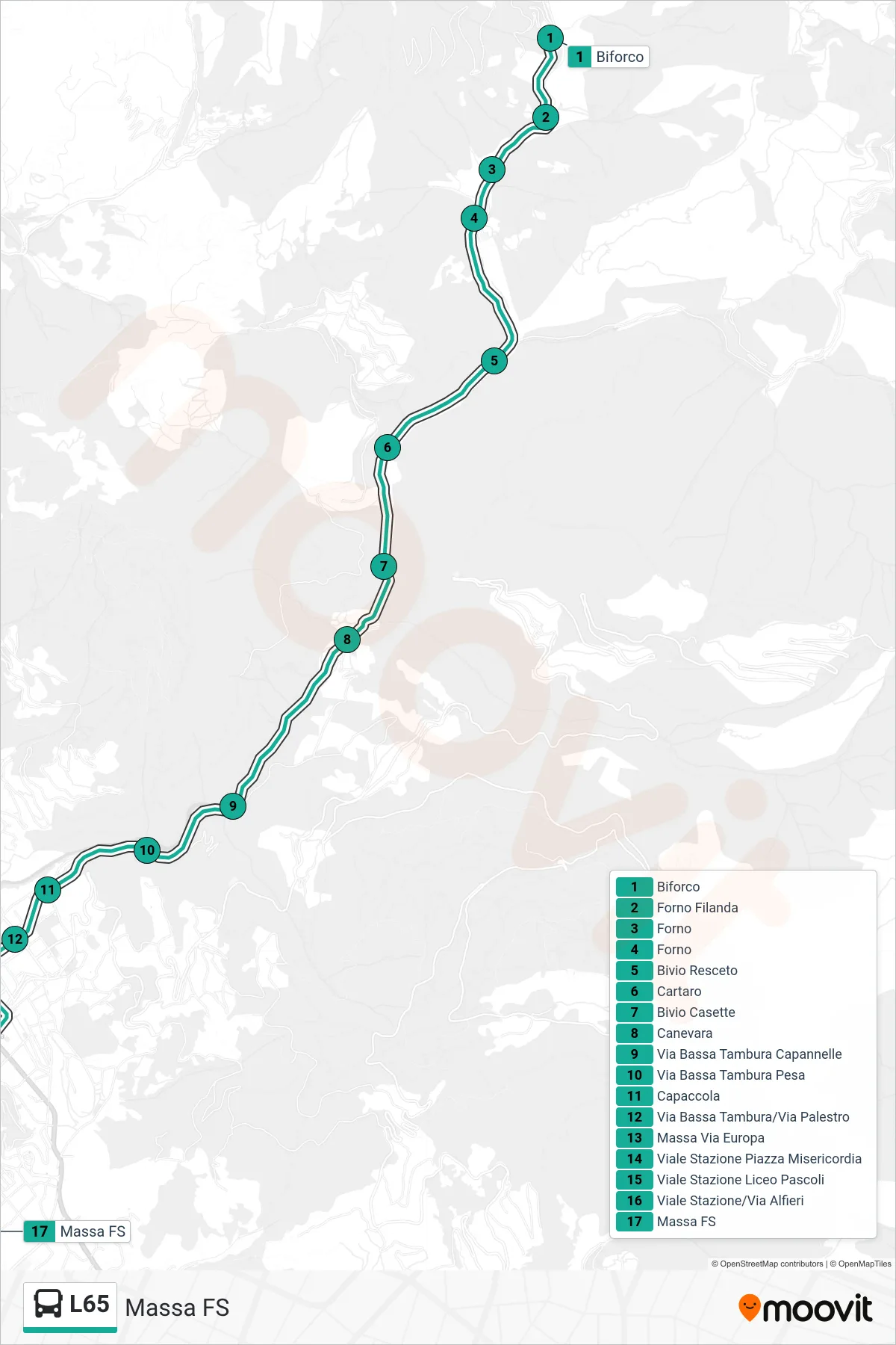 Linea L65 tram (Massa FS) - Percorsi e fermate sulla mappa