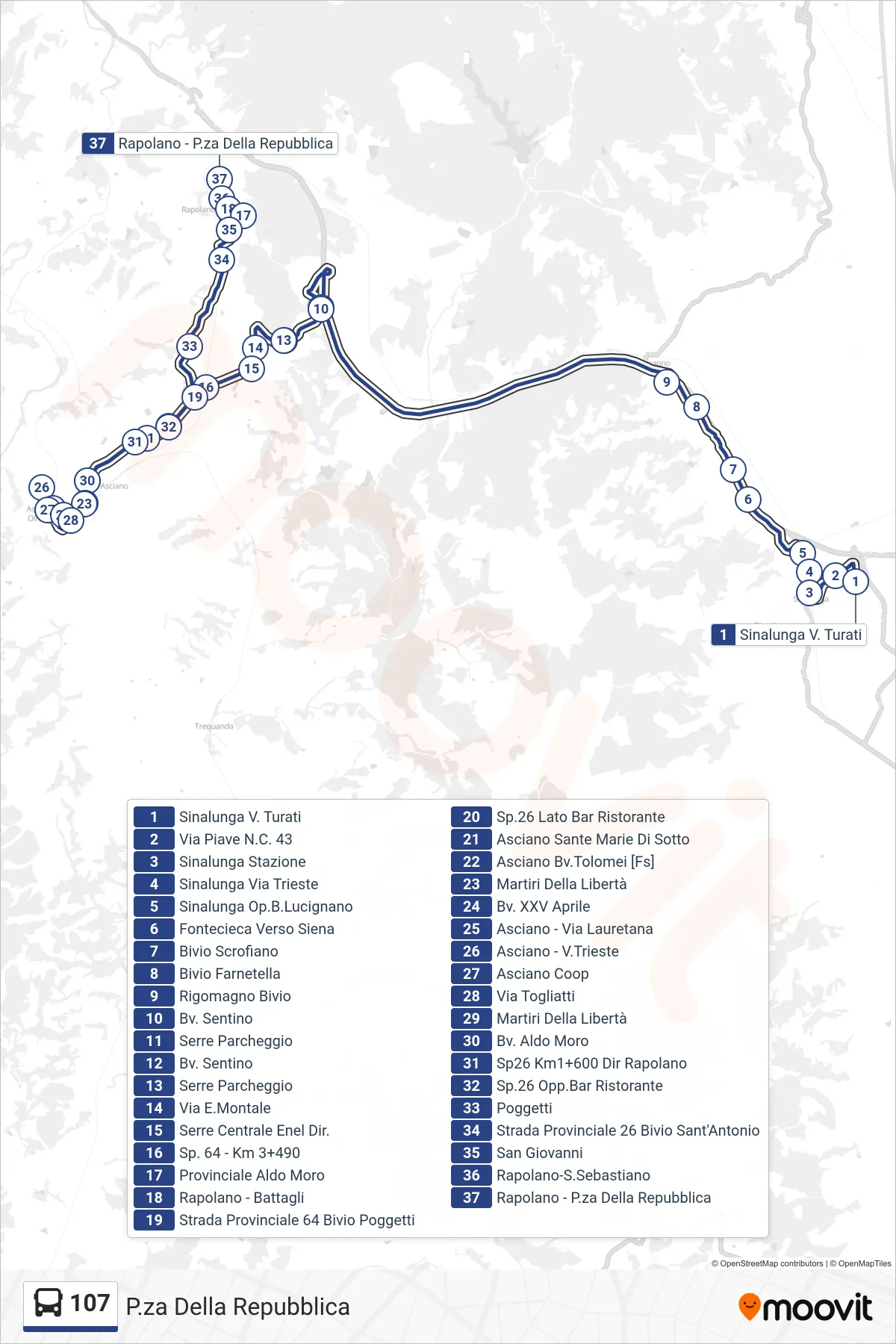 Linea 107  tram (P.za Della Repubblica) - Percorsi e fermate sulla mappa