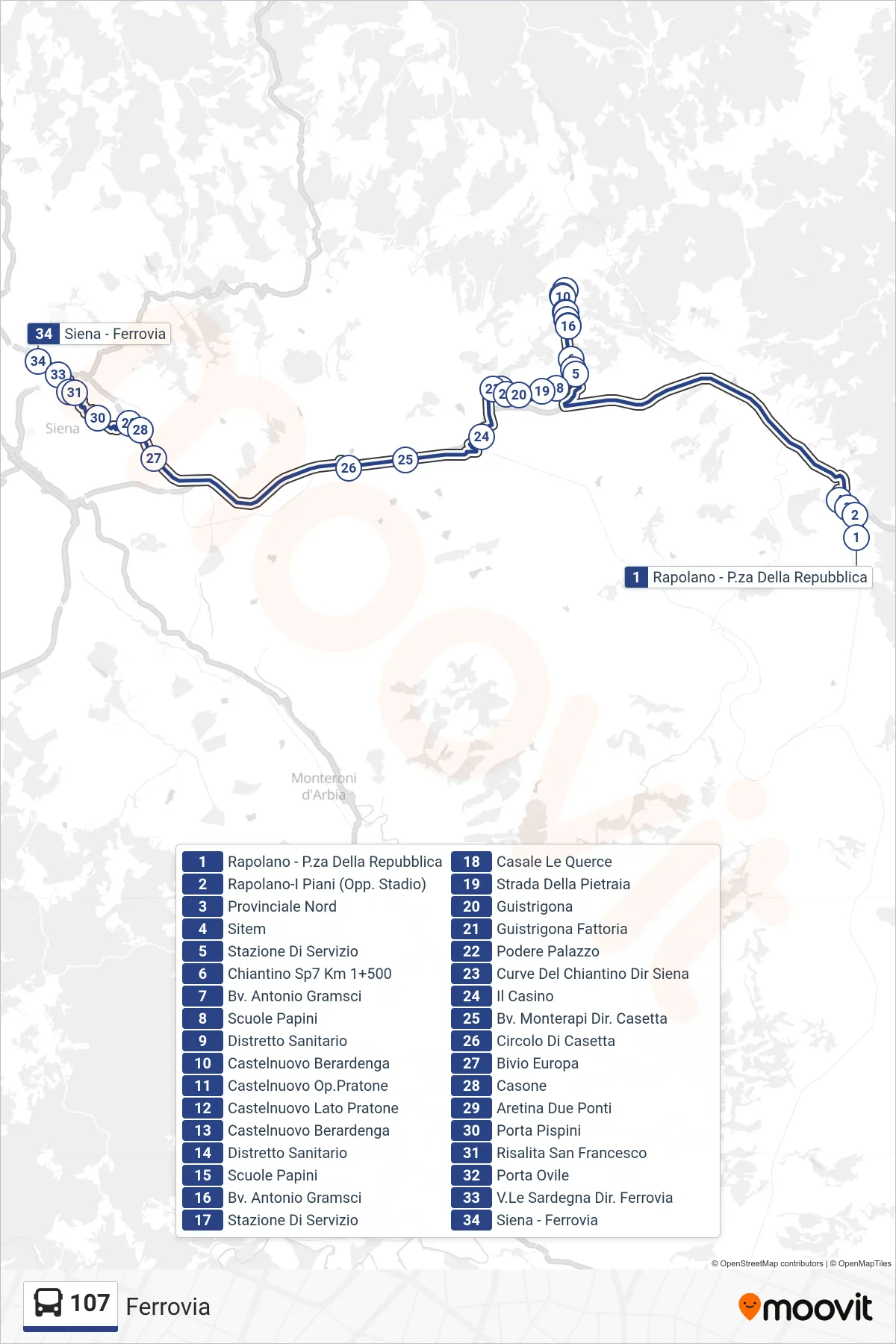 Linea 107 tram (Ferrovia) - Percorsi e fermate sulla mappa