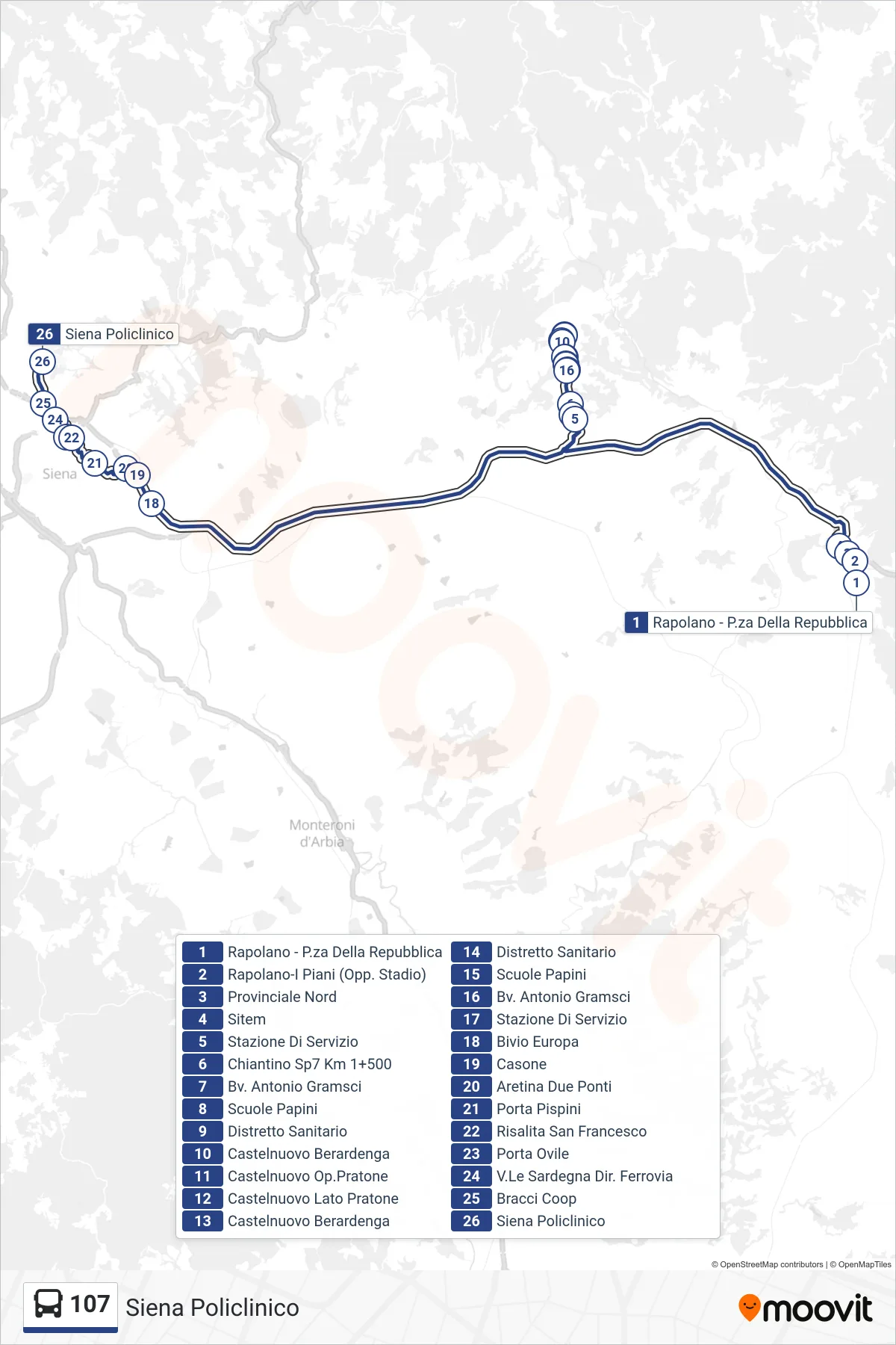 Linea 107  tram (Siena Policlinico) - Percorsi e fermate sulla mappa