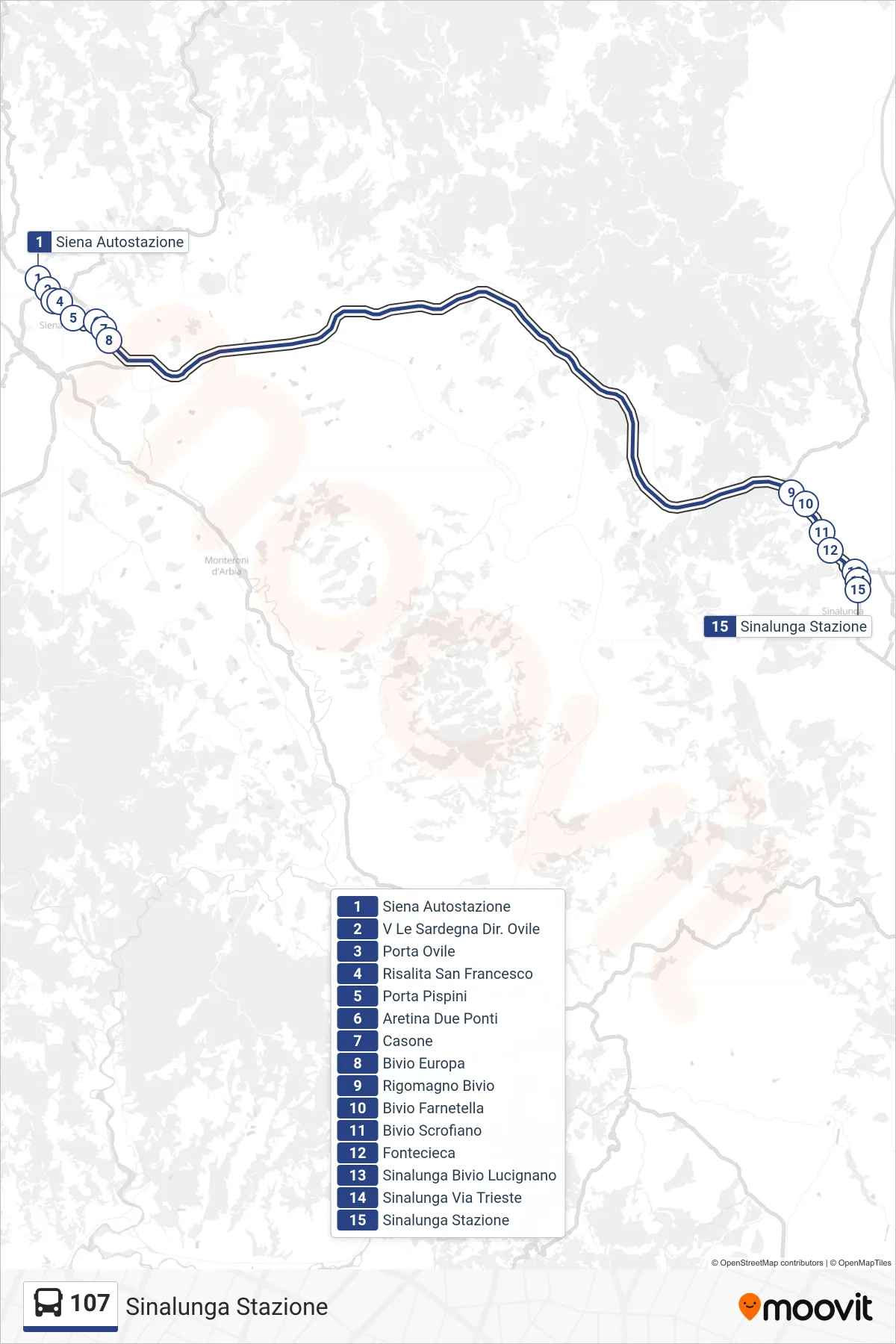 Linea 107  tram (Sinalunga Stazione) - Percorsi e fermate sulla mappa