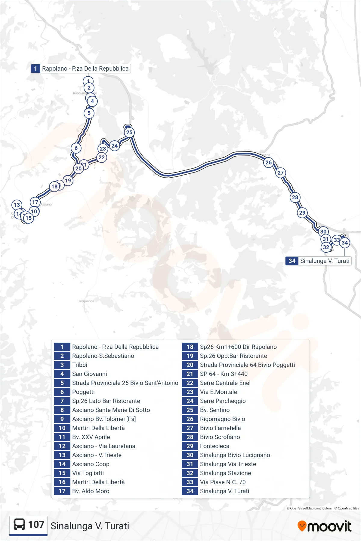 Linea 107  tram (Sinalunga V. Turati) - Percorsi e fermate sulla mappa