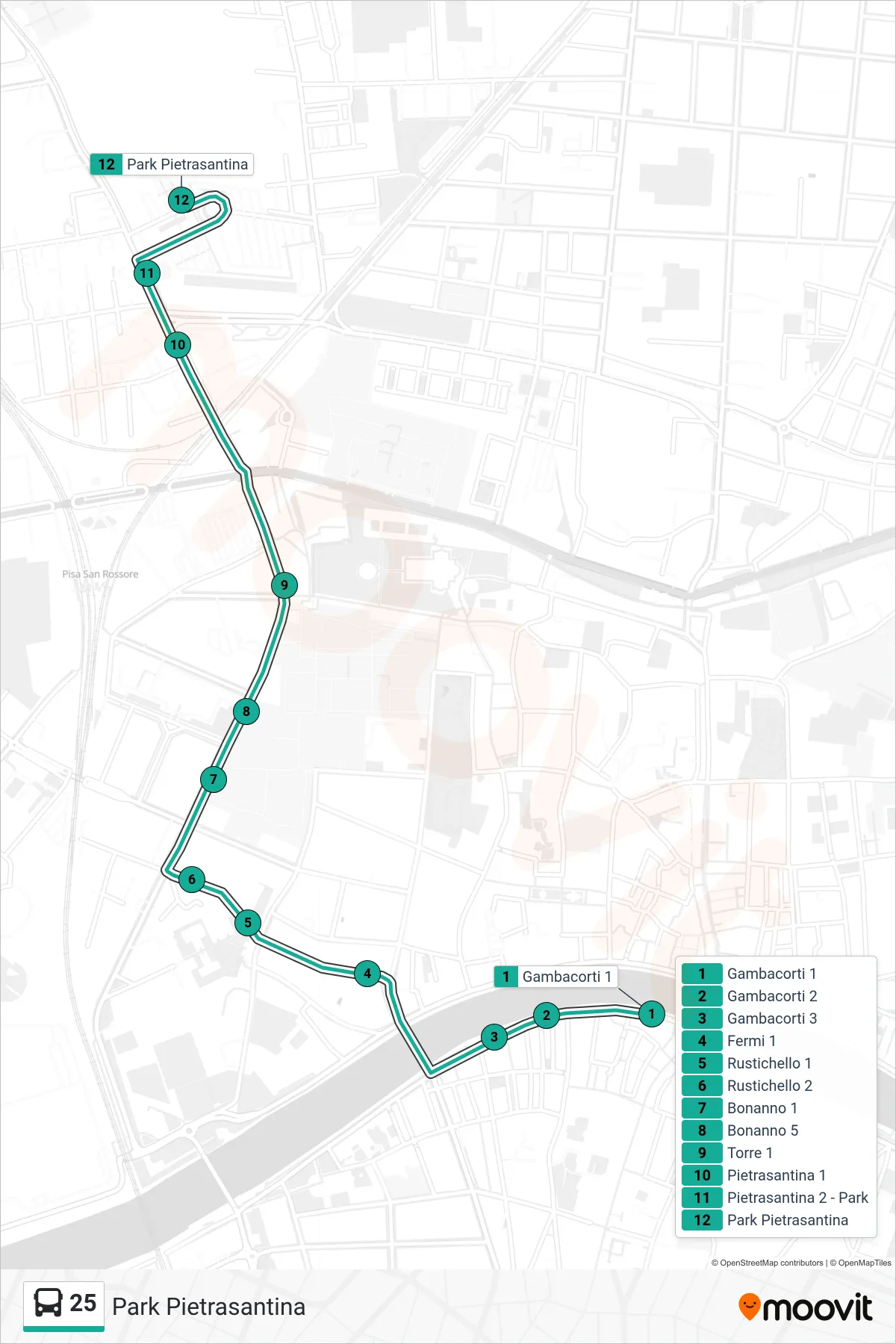 Linea 25 tram (Park Pietrasantina) - Percorsi e fermate sulla mappa