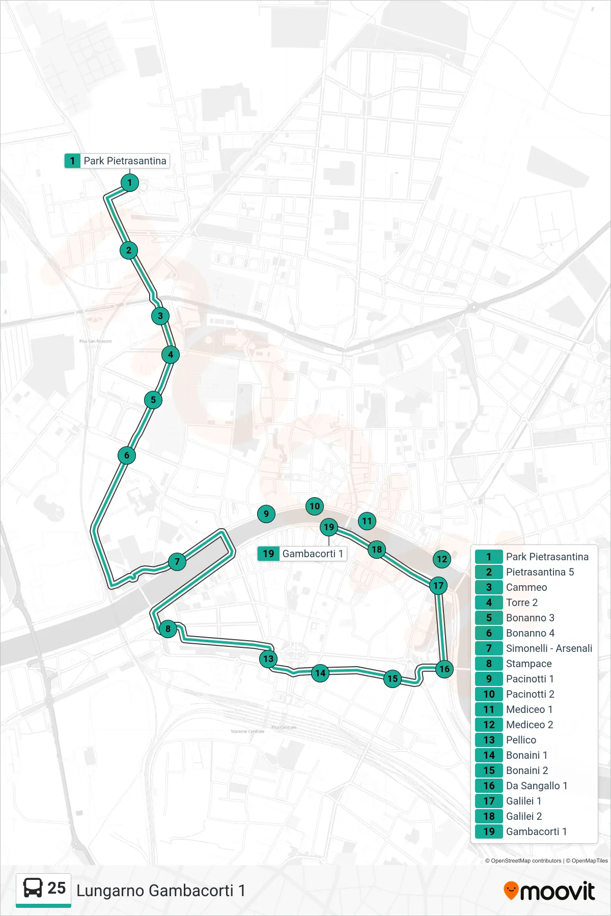 Linea 25  tram (Lungarno Gambacorti 1) - Percorsi e fermate sulla mappa