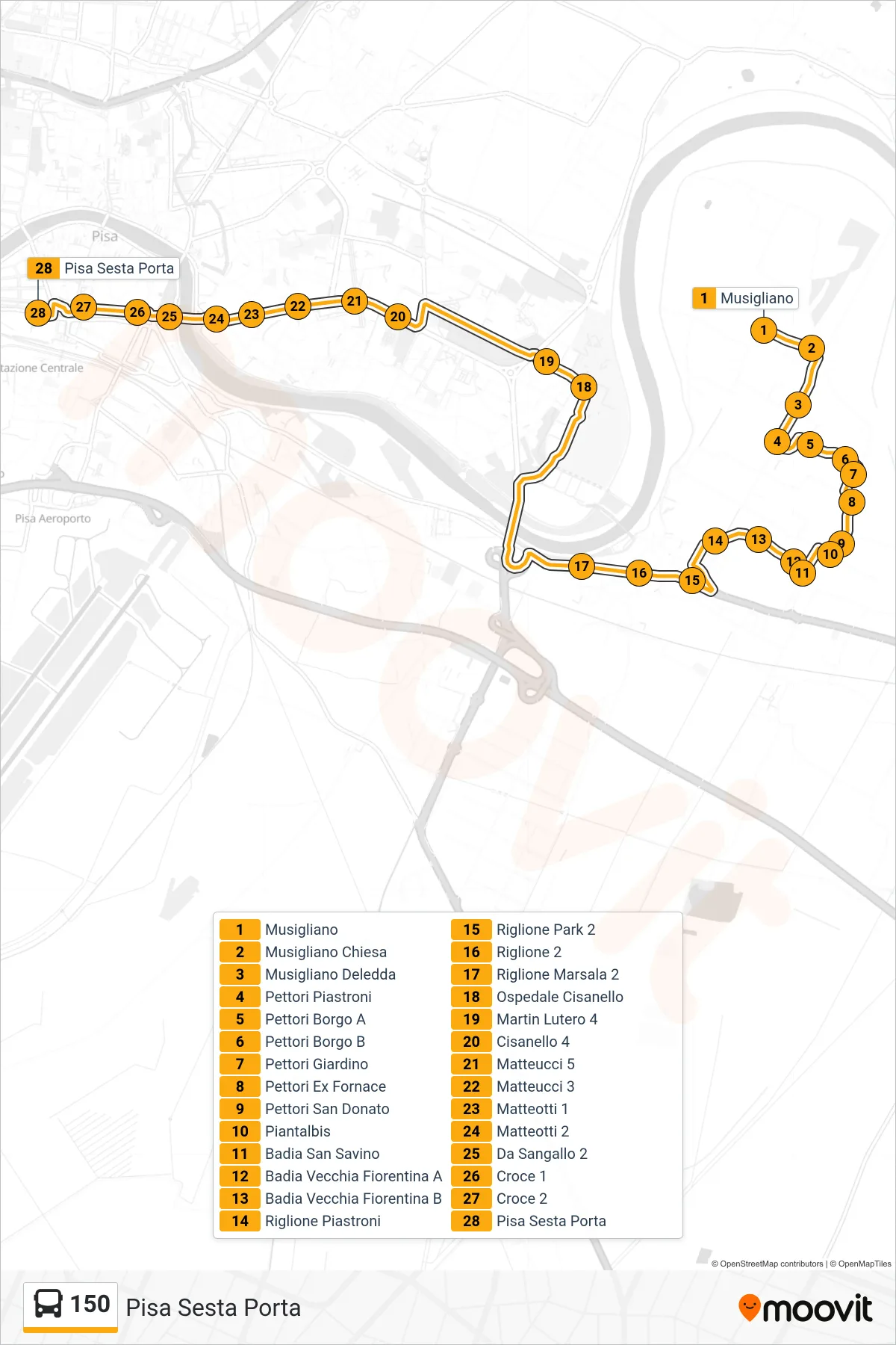 Linea 150 tram (Pisa Sesta Porta) - Percorsi e fermate sulla mappa
