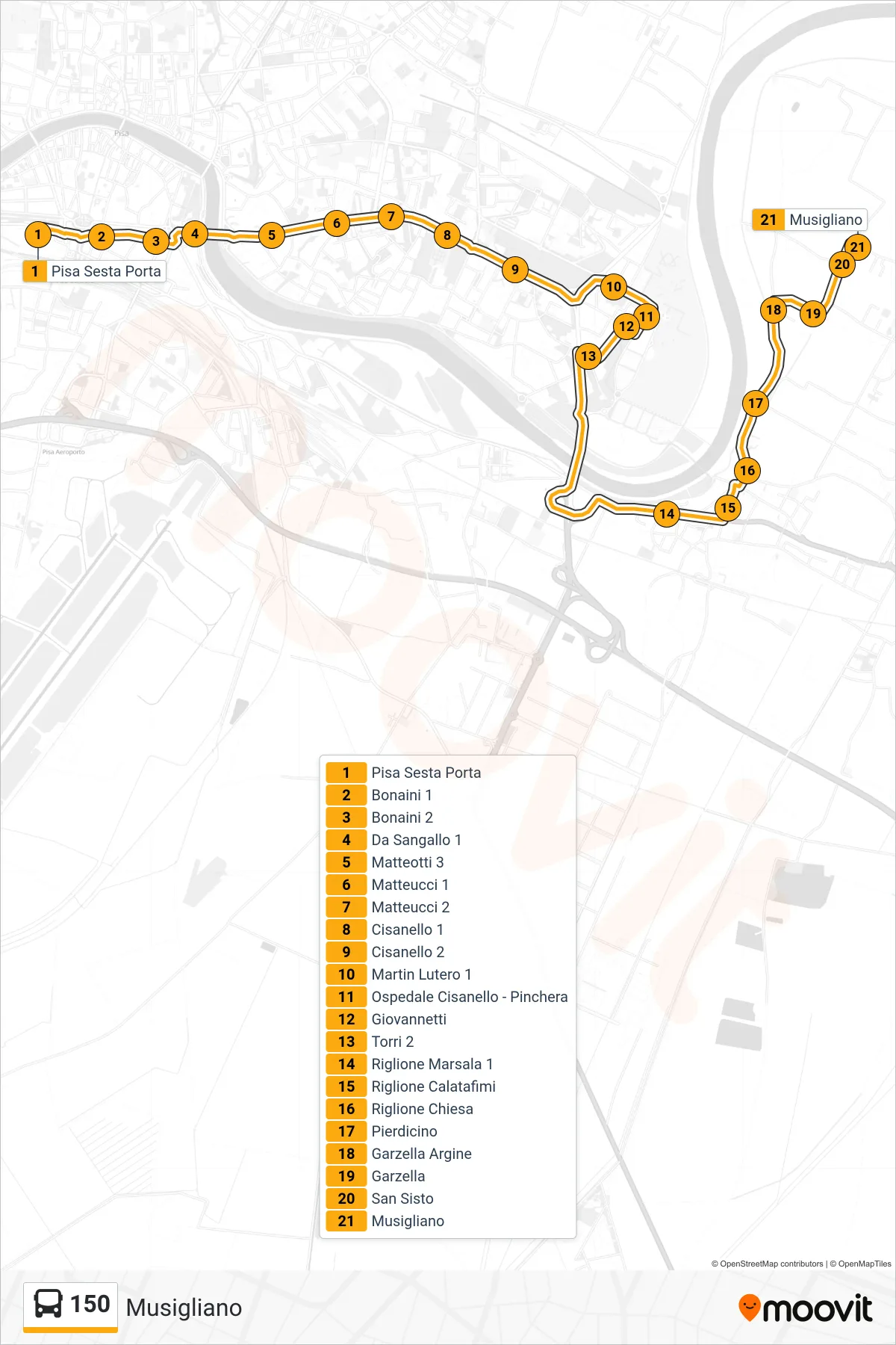 Linea 150 tram (Musigliano) - Percorsi e fermate sulla mappa